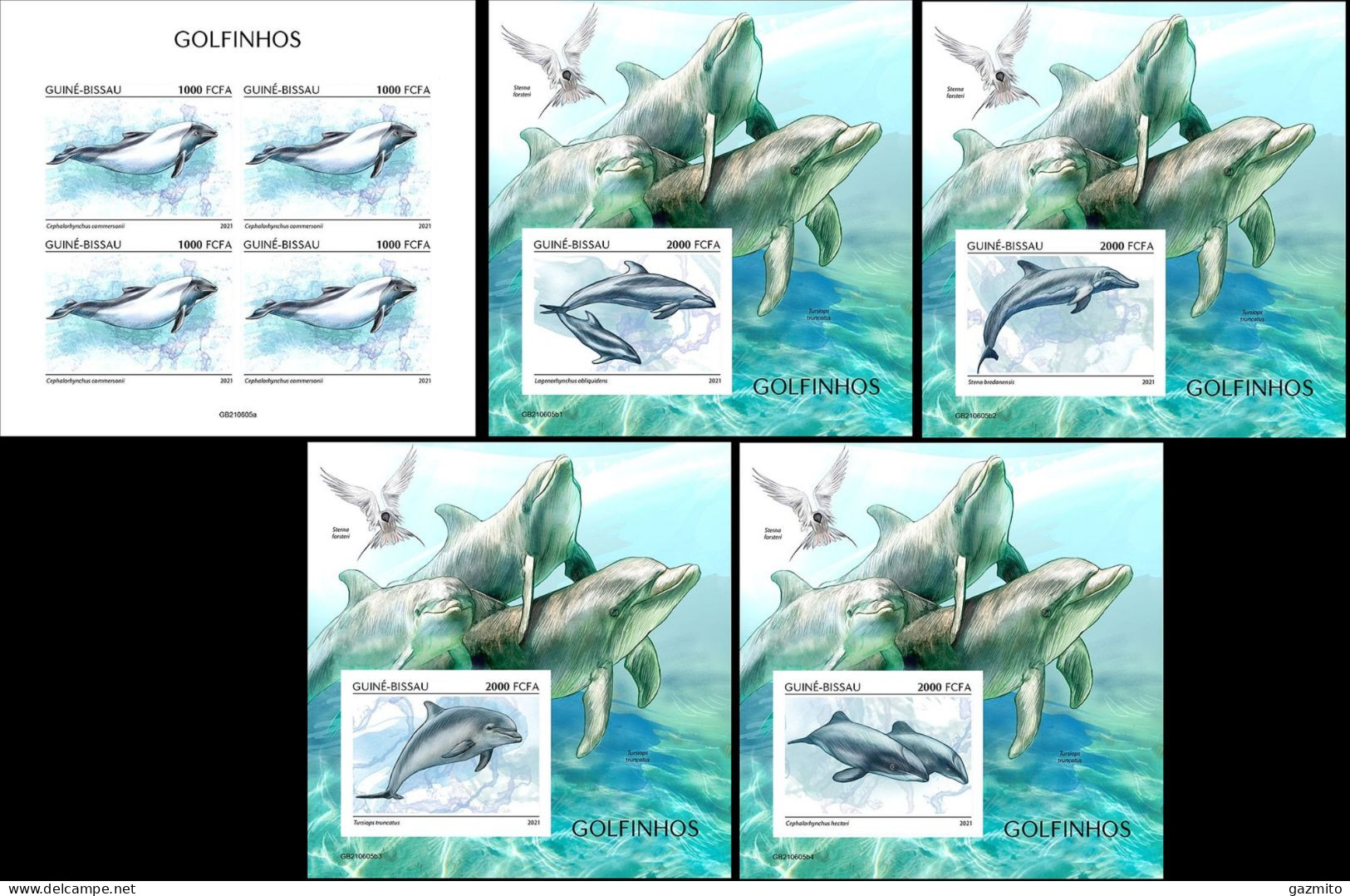 Guinea Bissau 2021, Animals, Dolphins II, 5BF IMPERFORATED - Delfines
