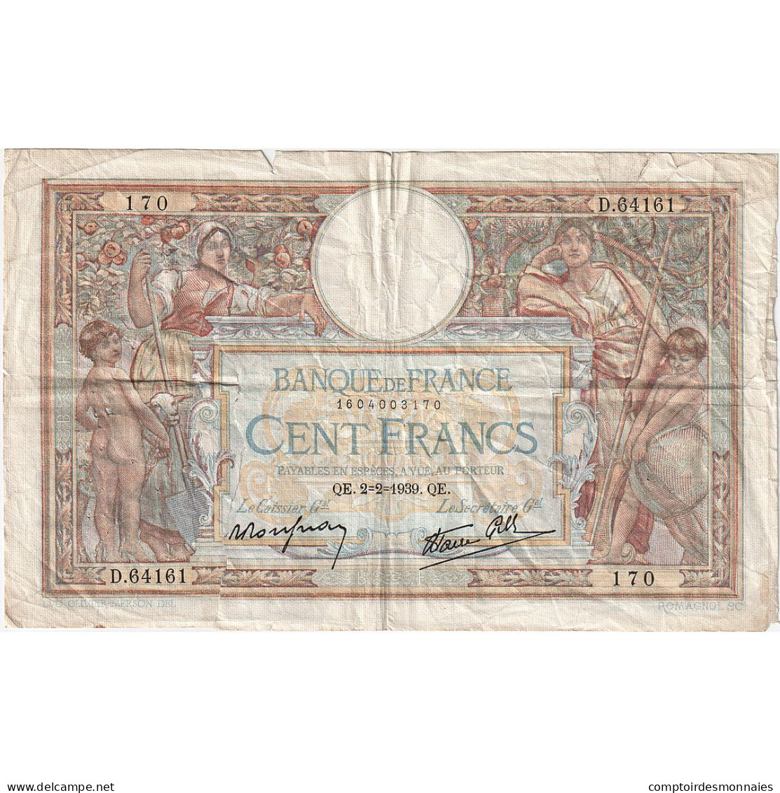 France, 100 Francs, Luc Olivier Merson, 1939, D.64161, B, Fayette:25.41, KM:86b - 100 F 1908-1939 ''Luc Olivier Merson''