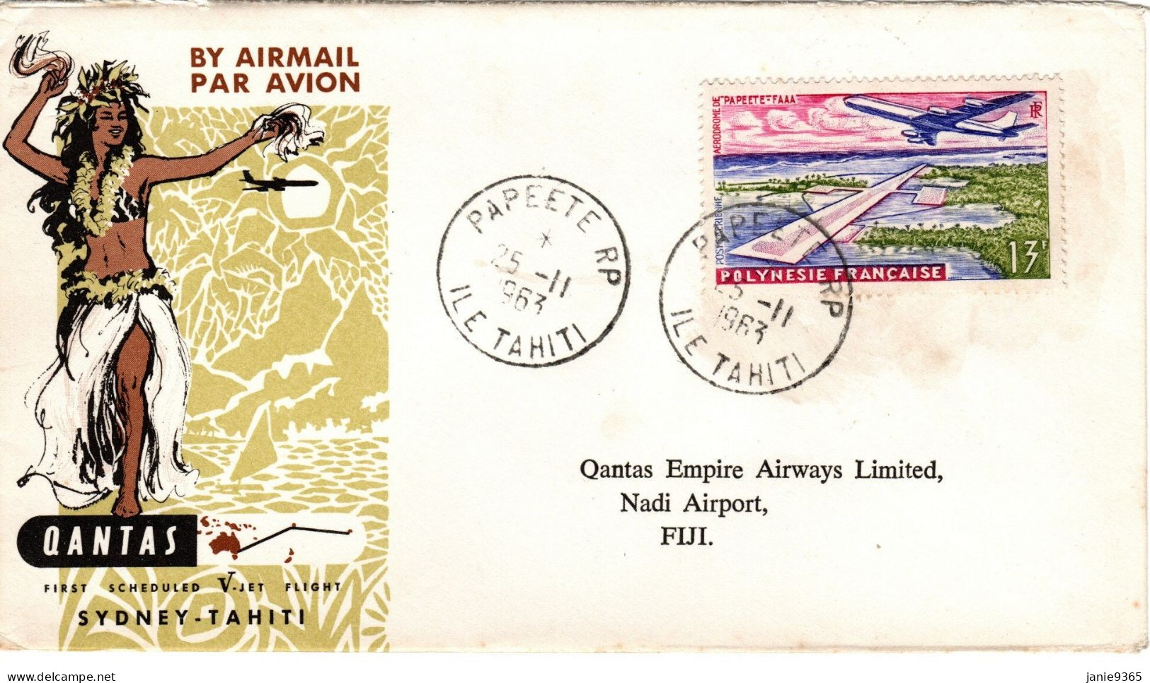 French Polynesia 1963 Qantas First Flight Papeete To Nadi Fiji - Lettres & Documents
