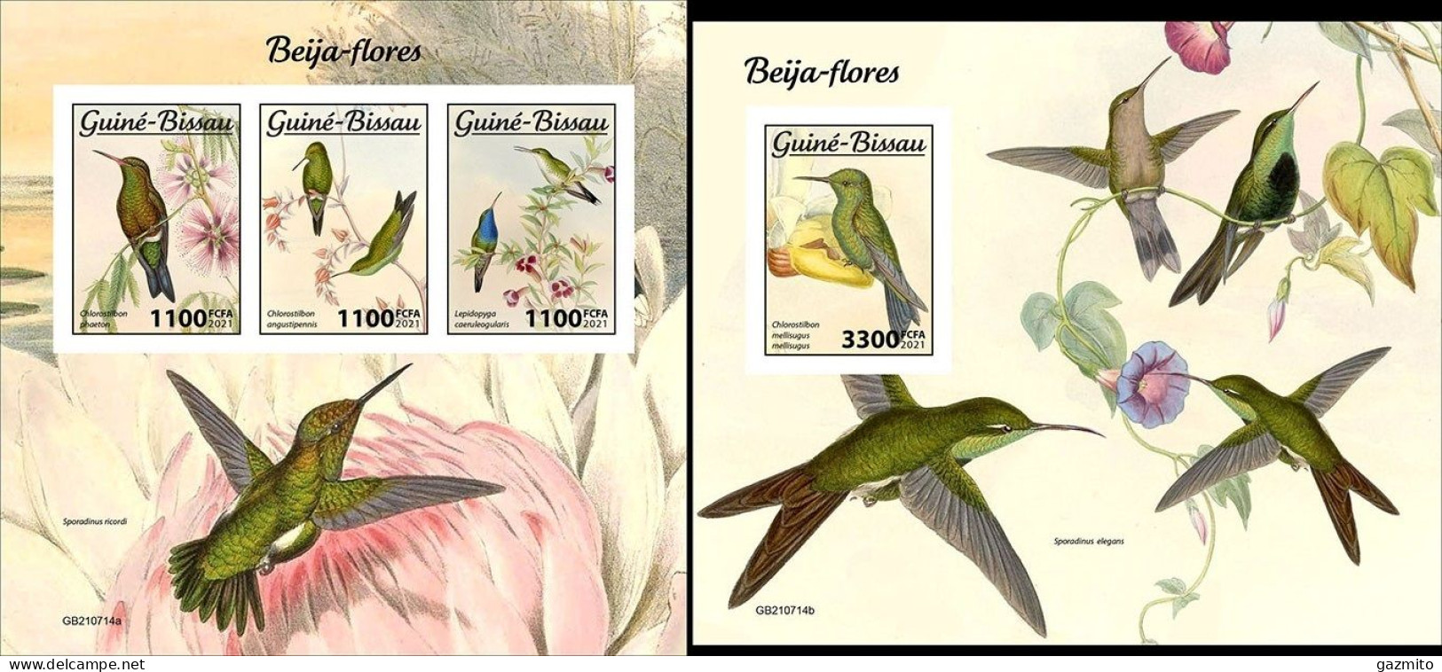 Guinea Bissau 2021, Animals, Hummingbirds, 3val In BF+BF IMPERFORATED - Kolibries