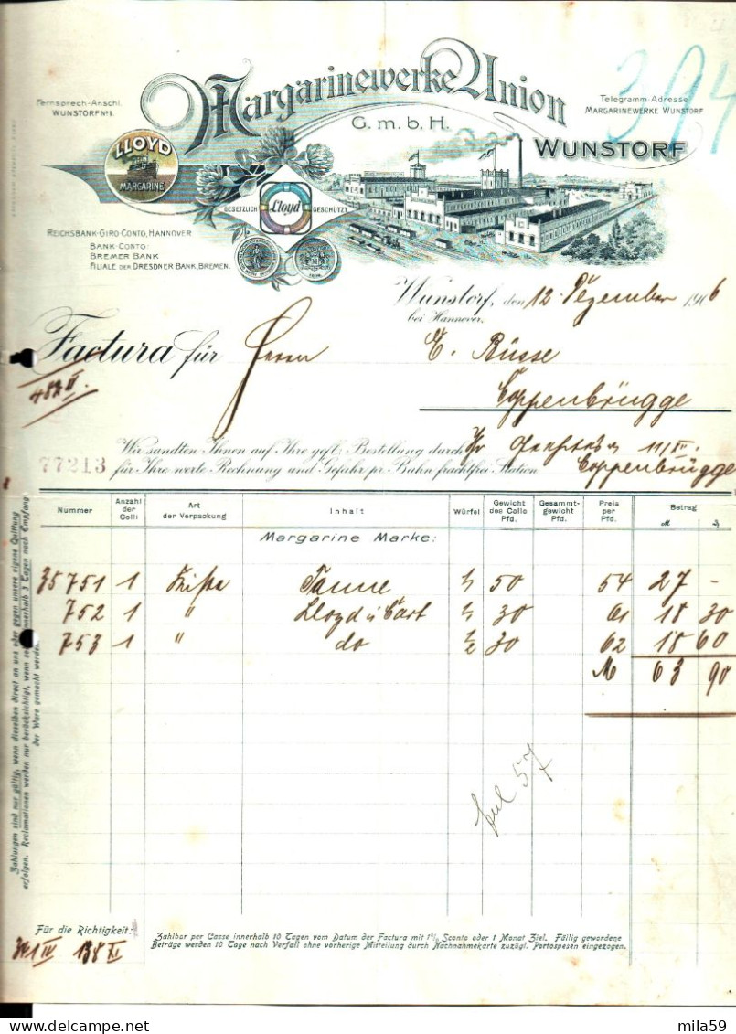 Margarinewerke Union. Wunstorf. LLoyd Margarine. Für Herrn E. Büsse, Coppenbrügge. 1906. - 1900 – 1949