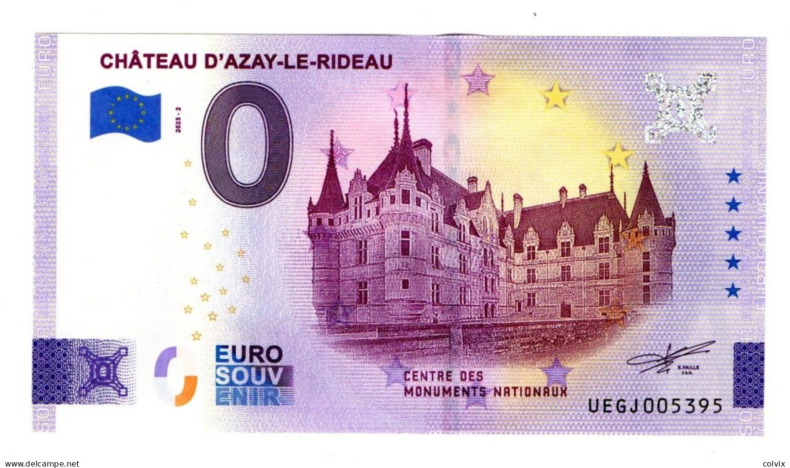 2023-2 FRANCE BILLET TOURISTIQUE 0 EURO SOUVENIR N° UEGJ005395 CHATEAU D'AZAY-LE-RIDEAU - Essais Privés / Non-officiels