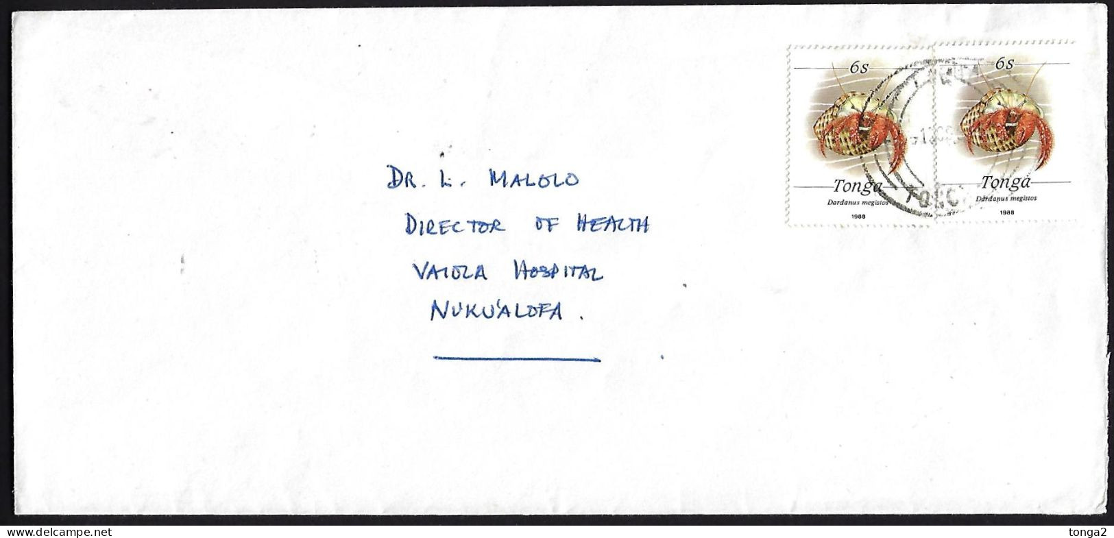 Tonga Marine Life Cover To Director Of Health, Vavau Hospital,  Usage 2 X 6s Crab Stamps - Tonga (1970-...)