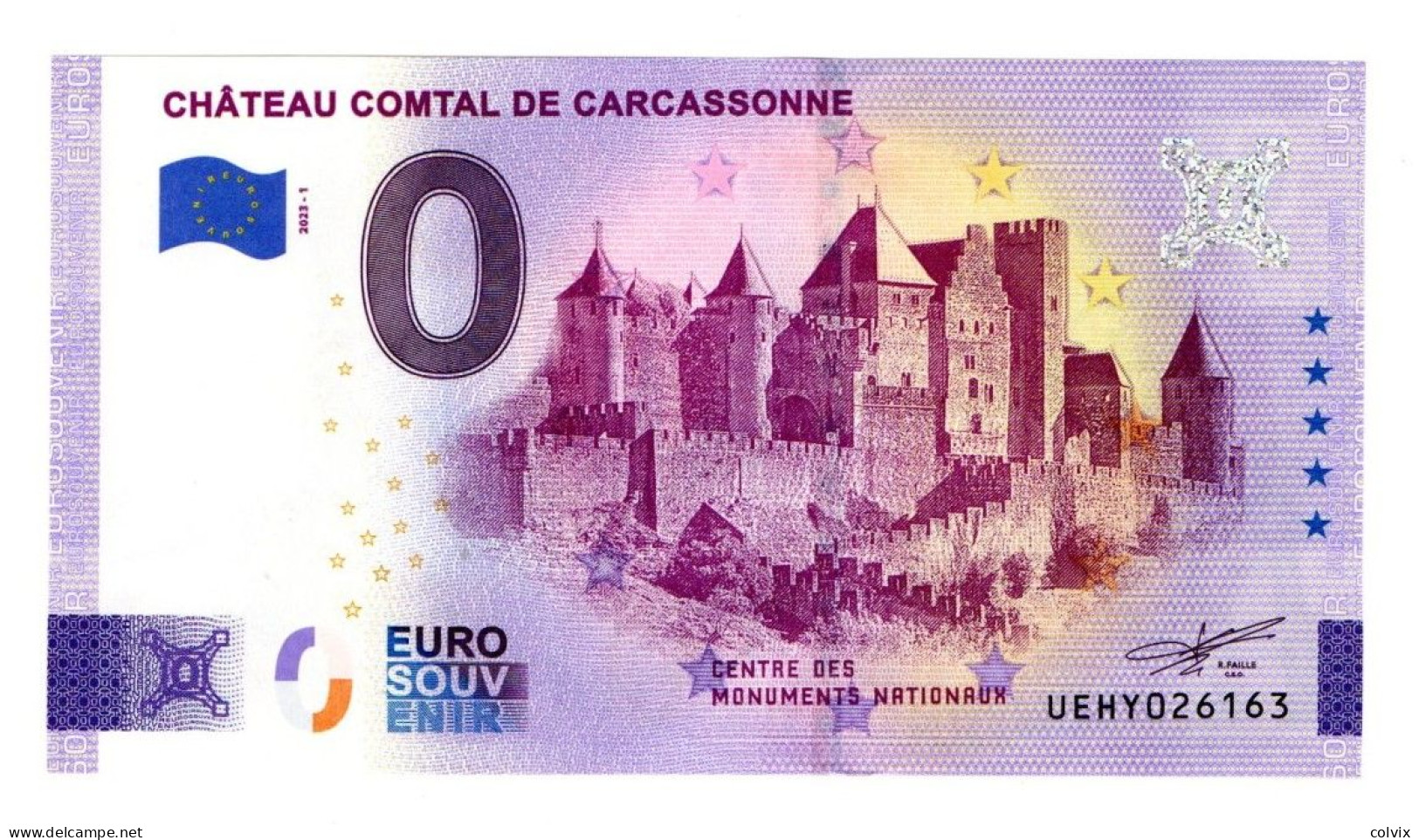 2023-1 FRANCE BILLET TOURISTIQUE 0 EURO SOUVENIR N° UEHY026163 CHATEAU COMTAL DE CARCASSONNE - Essais Privés / Non-officiels