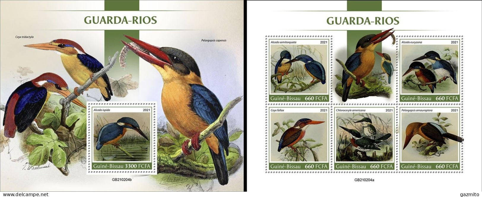 Guinea Bissau 2021, Animals, Kingfisher II, 5val In BF +BF - Pájaros Cantores (Passeri)