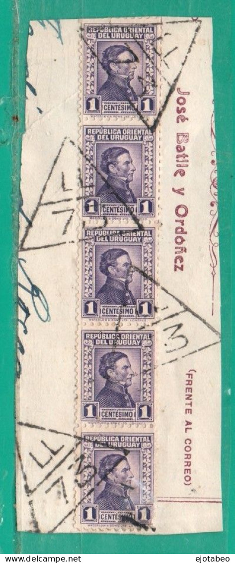 1221 Uruguay 1958 YT 346 X 5 Tira Vertical En Fragmeto -con Matasellos "Triangulares LL73" Indentifica La Ubicación - Uruguay