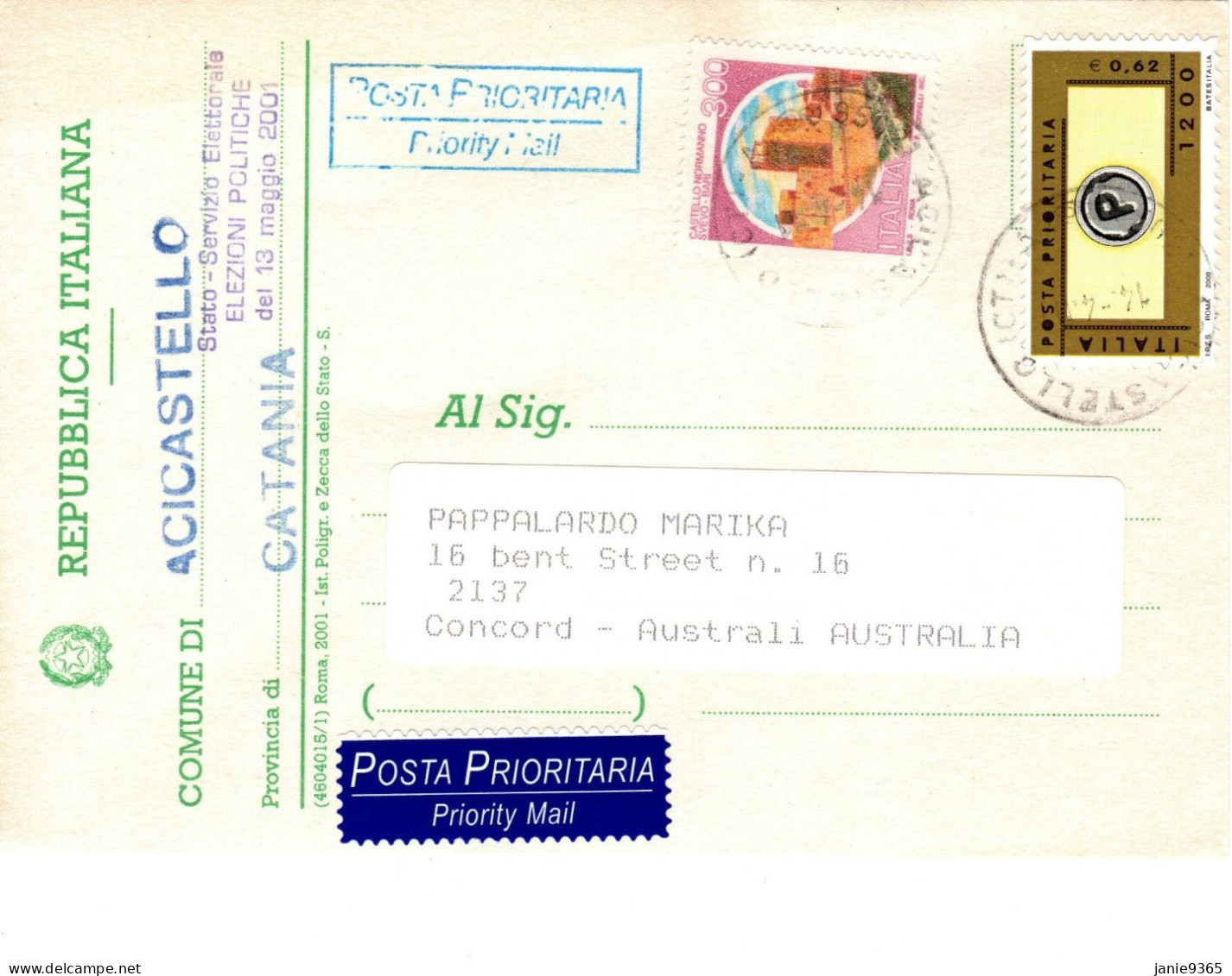 Italia 2001 Cartolina Elettorale Spedita In Australia  Per Elezioni Politiche - 2001-10: Marcophilie