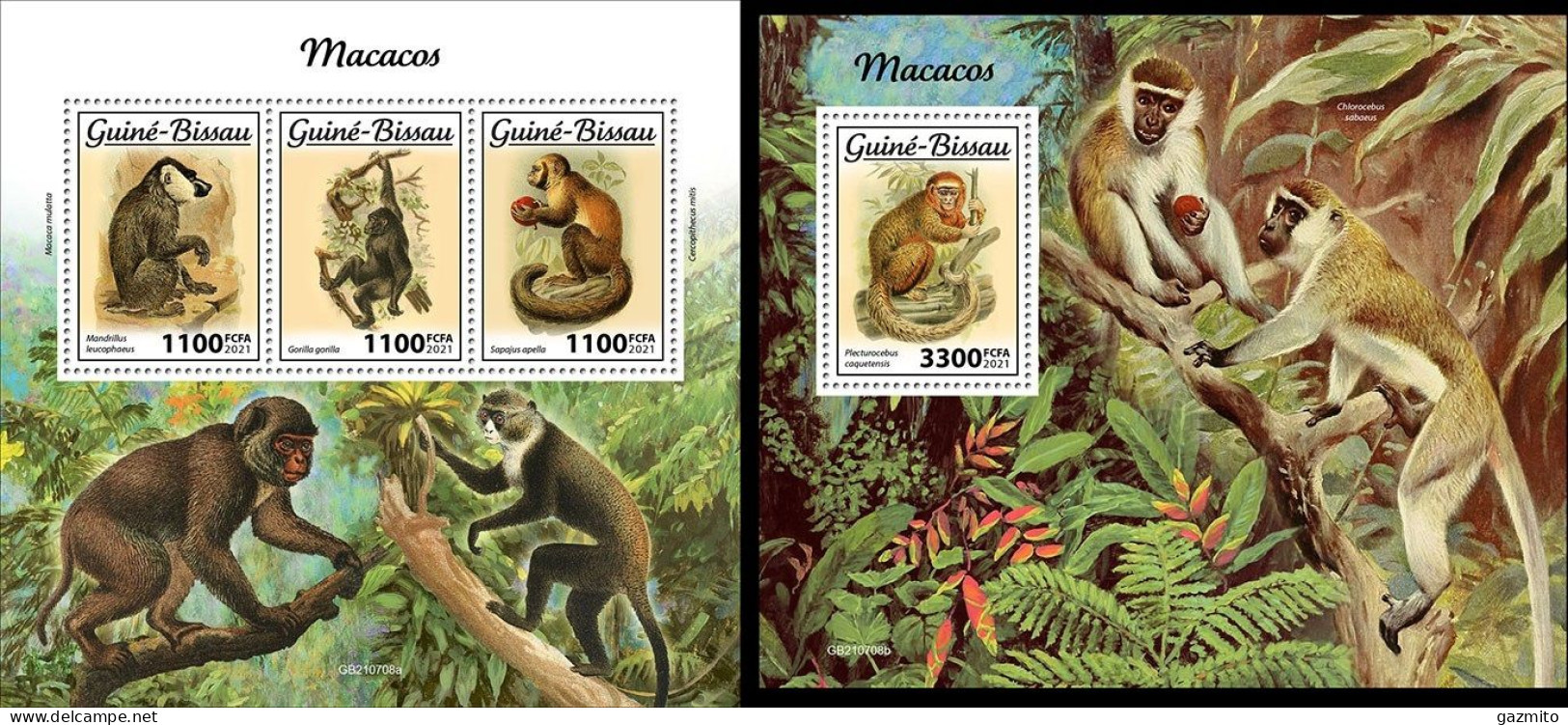 Guinea Bissau 2021, Animals, Monkeys II, 3val In BF+BF - Singes