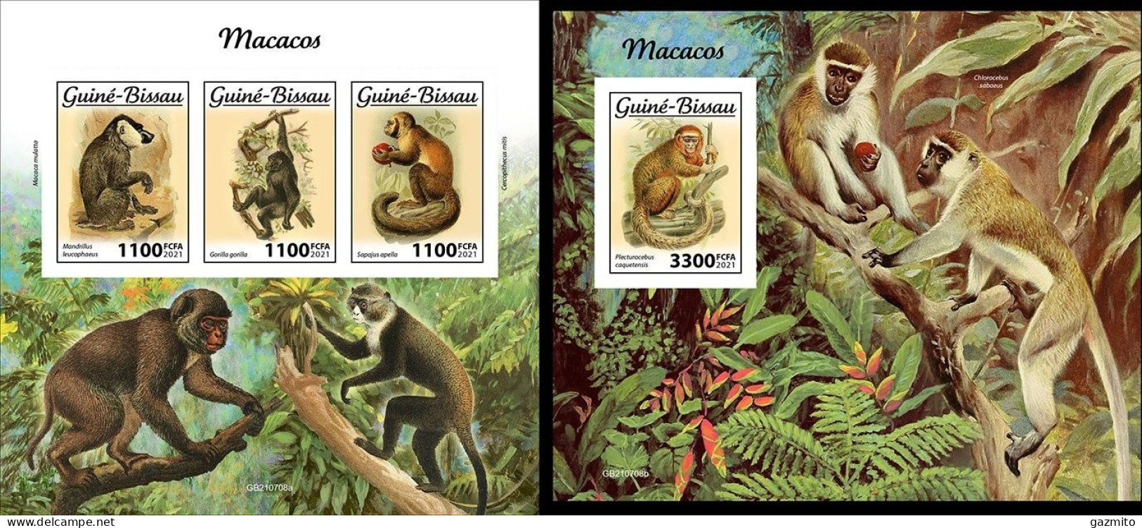 Guinea Bissau 2021, Animals, Monkeys II, 3val In BF+BF IMPERFORATED - Apen
