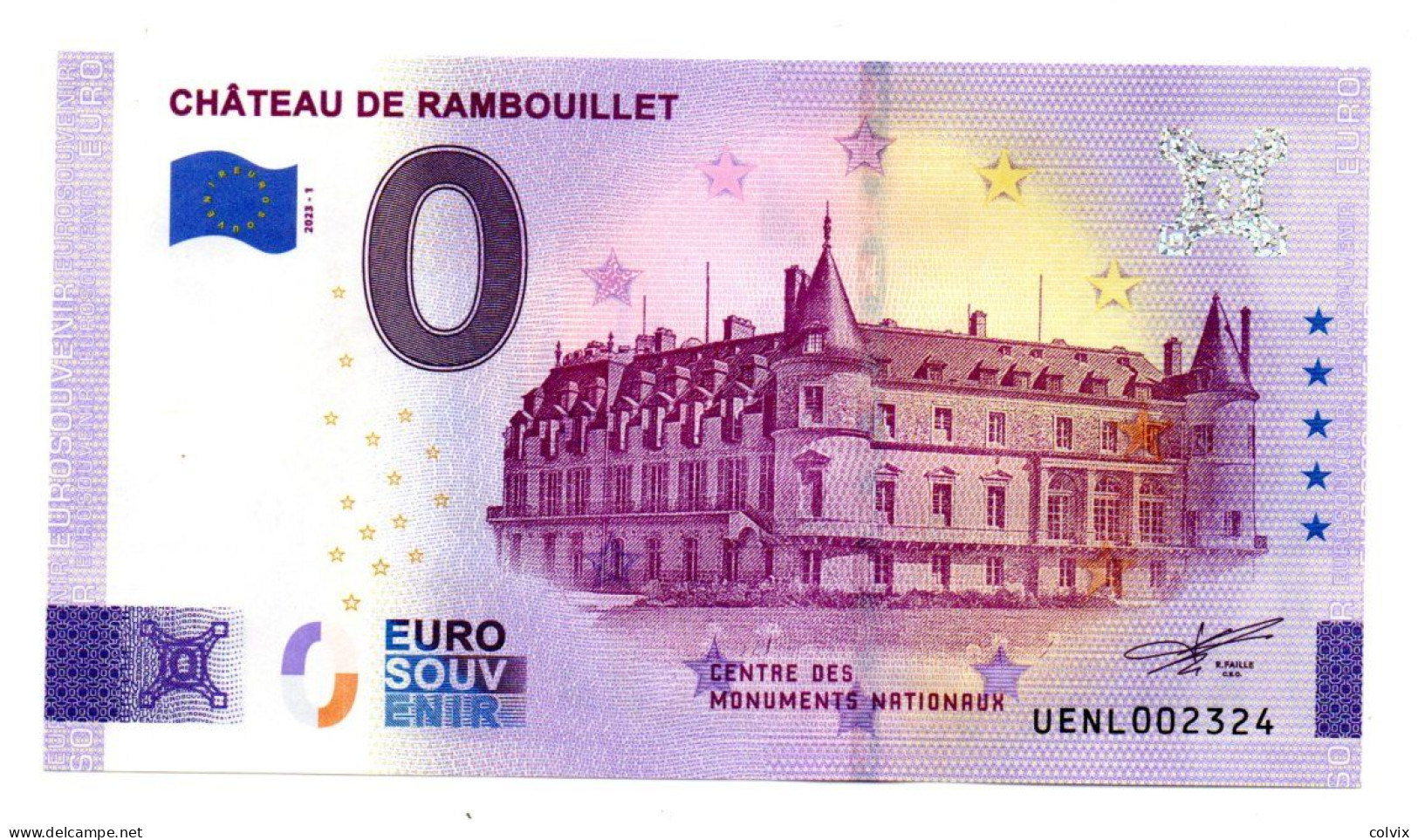 2023-1 FRANCE BILLET TOURISTIQUE 0 EURO SOUVENIR N° UENL002324 CHATEAU DE RAMBOUILLET - Essais Privés / Non-officiels
