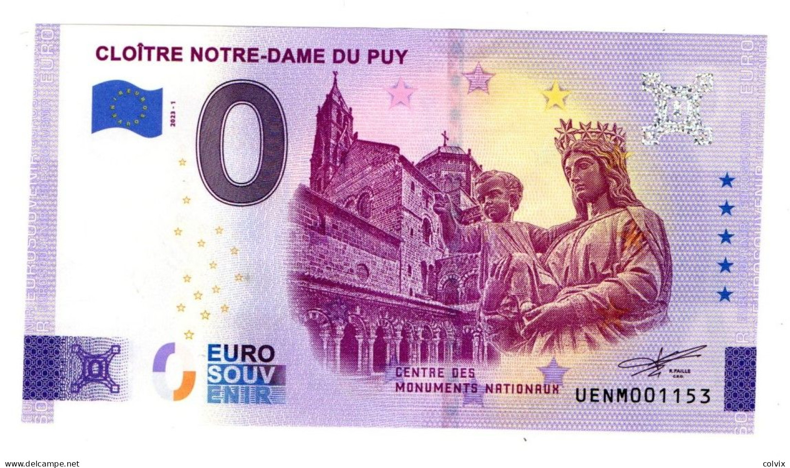 2023-1 FRANCE BILLET TOURISTIQUE 0 EURO SOUVENIR N° UENM001153 CLOITRE NOTRE-DAME DU PUY - Essais Privés / Non-officiels