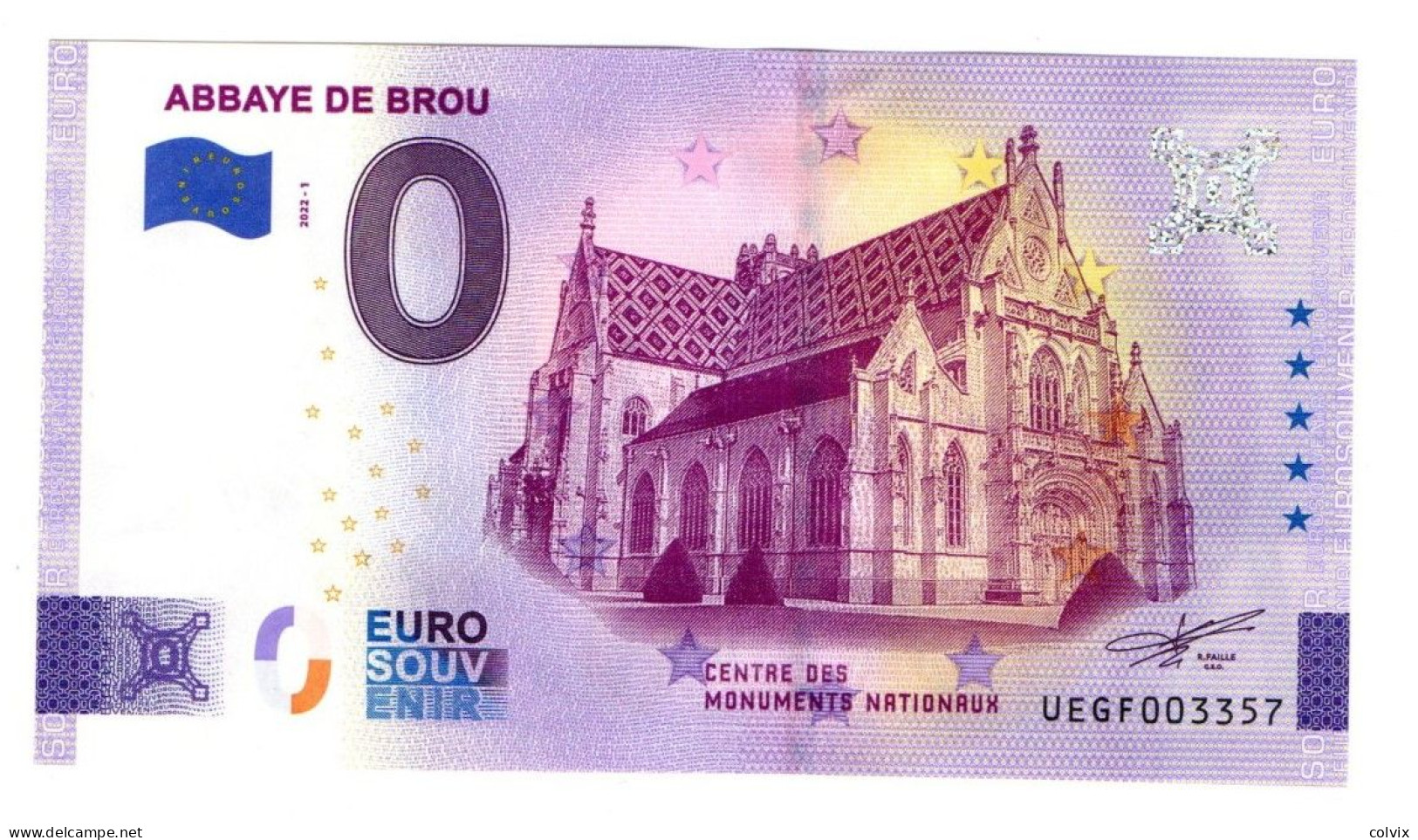 2022-1 FRANCE BILLET TOURISTIQUE 0 EURO SOUVENIR N° UEGF003357 ABBAYE DE BROU - Essais Privés / Non-officiels