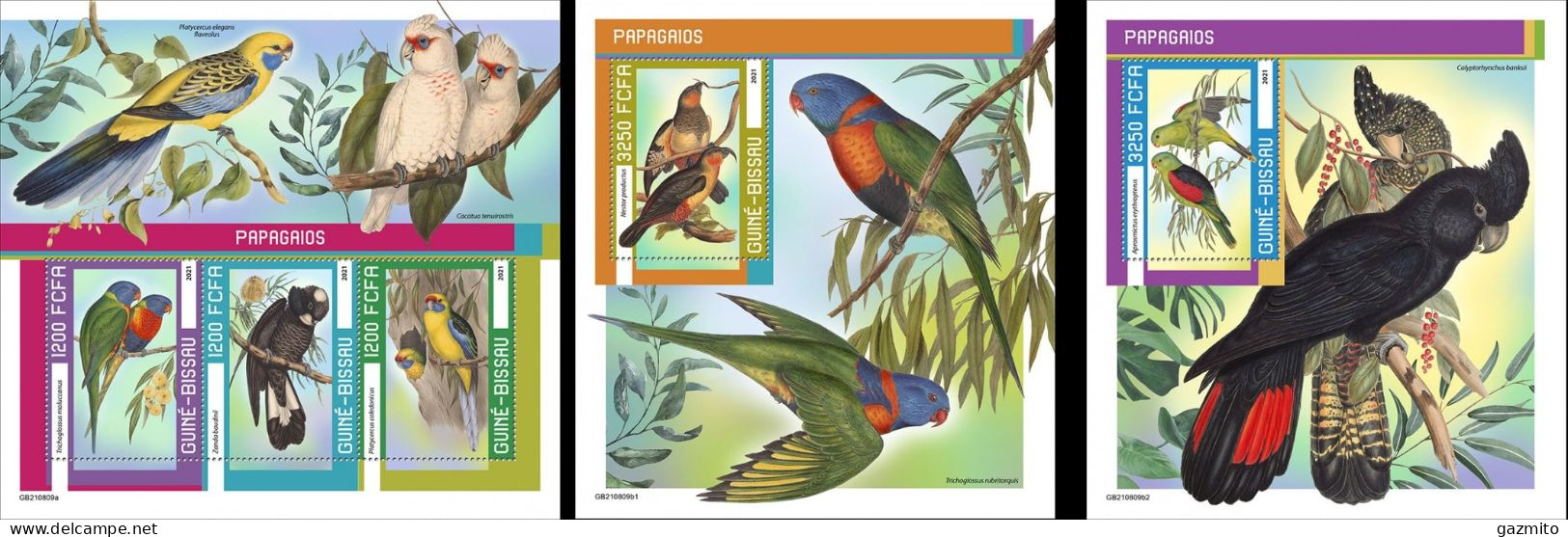 Guinea Bissau 2021, Animals, Parrots, 3val In BF+2BF - Papagayos