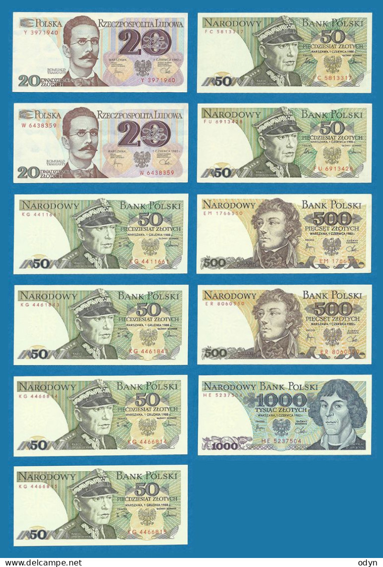 Poland, 1982, 1986, 1988; Lot Of 11 Banknotes 20, 50, 500 And 1000 Zlotych, UNC, -UNC, AU - See Description - Pologne