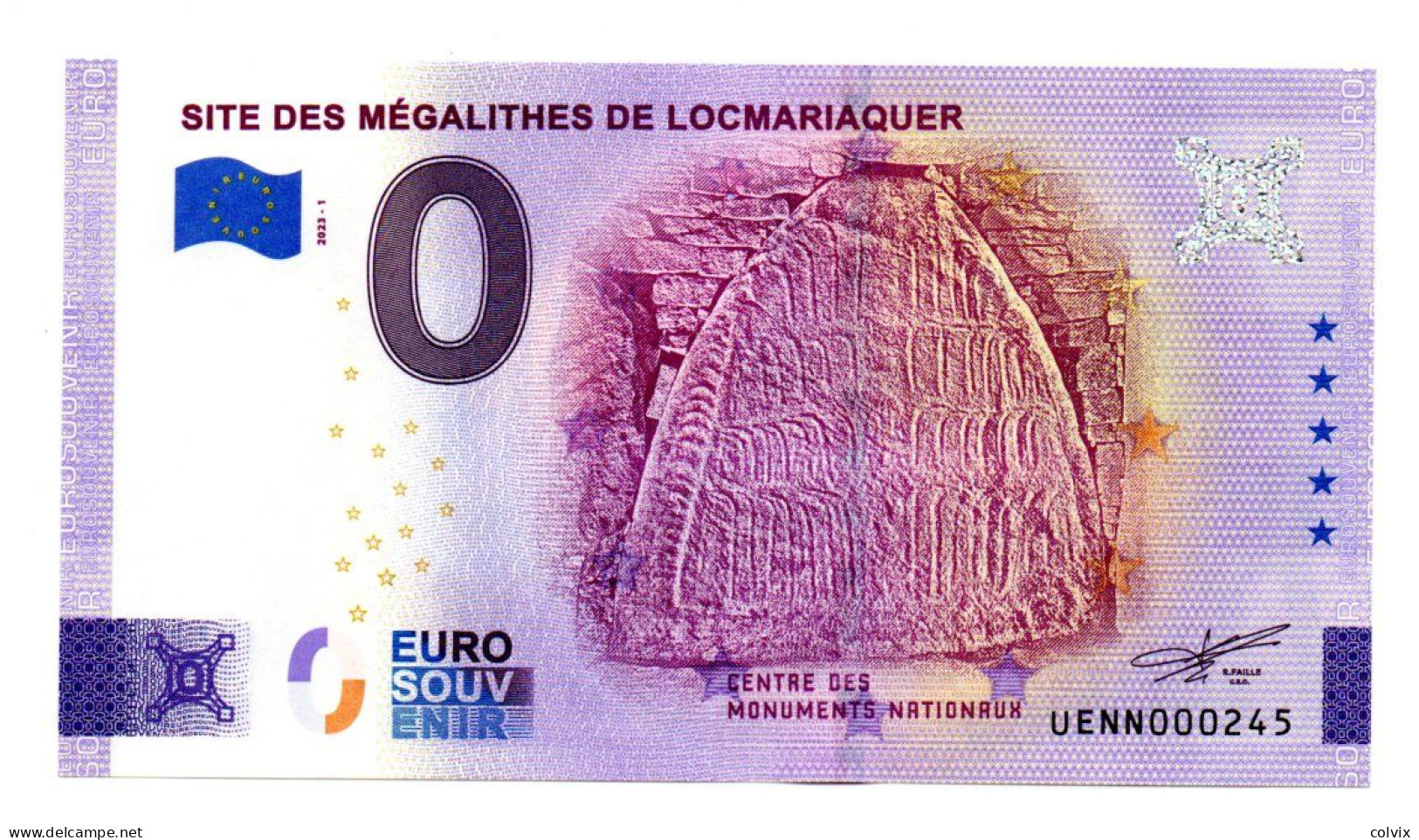 2023-1 FRANCE BILLET TOURISTIQUE 0 EURO SOUVENIR N° UENN000245 SITE DES MEGALITHES DE LOCMARIAQUER - Essais Privés / Non-officiels