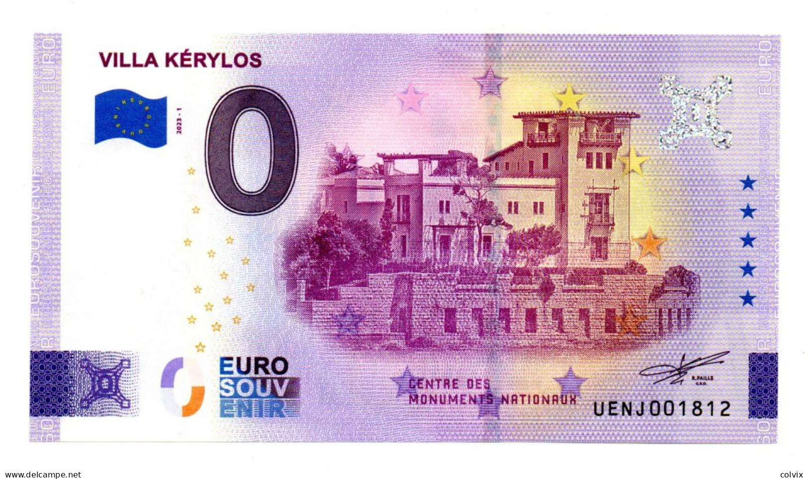 2023-1 FRANCE BILLET TOURISTIQUE 0 EURO SOUVENIR N° UENJ001812 VILLA KERYLOS - Essais Privés / Non-officiels