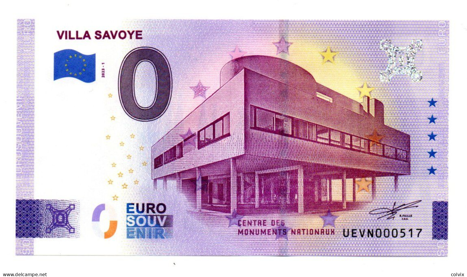 2023-1 FRANCE BILLET TOURISTIQUE 0 EURO SOUVENIR N° UEVN000517 VILLA SAVOYE - Essais Privés / Non-officiels