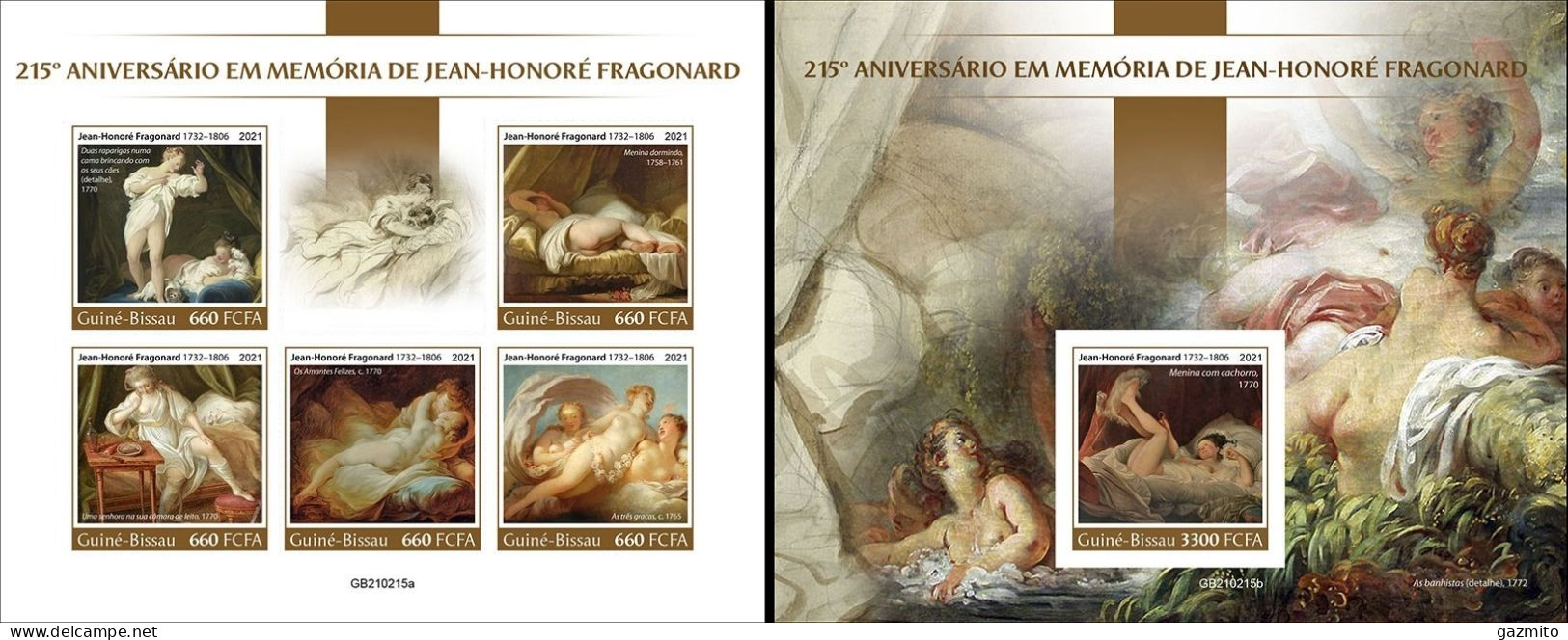 Guinea Bissau 2021, Art, Fragonard, Nude, 5val In BF +BF IMPERFORATED - Nudes