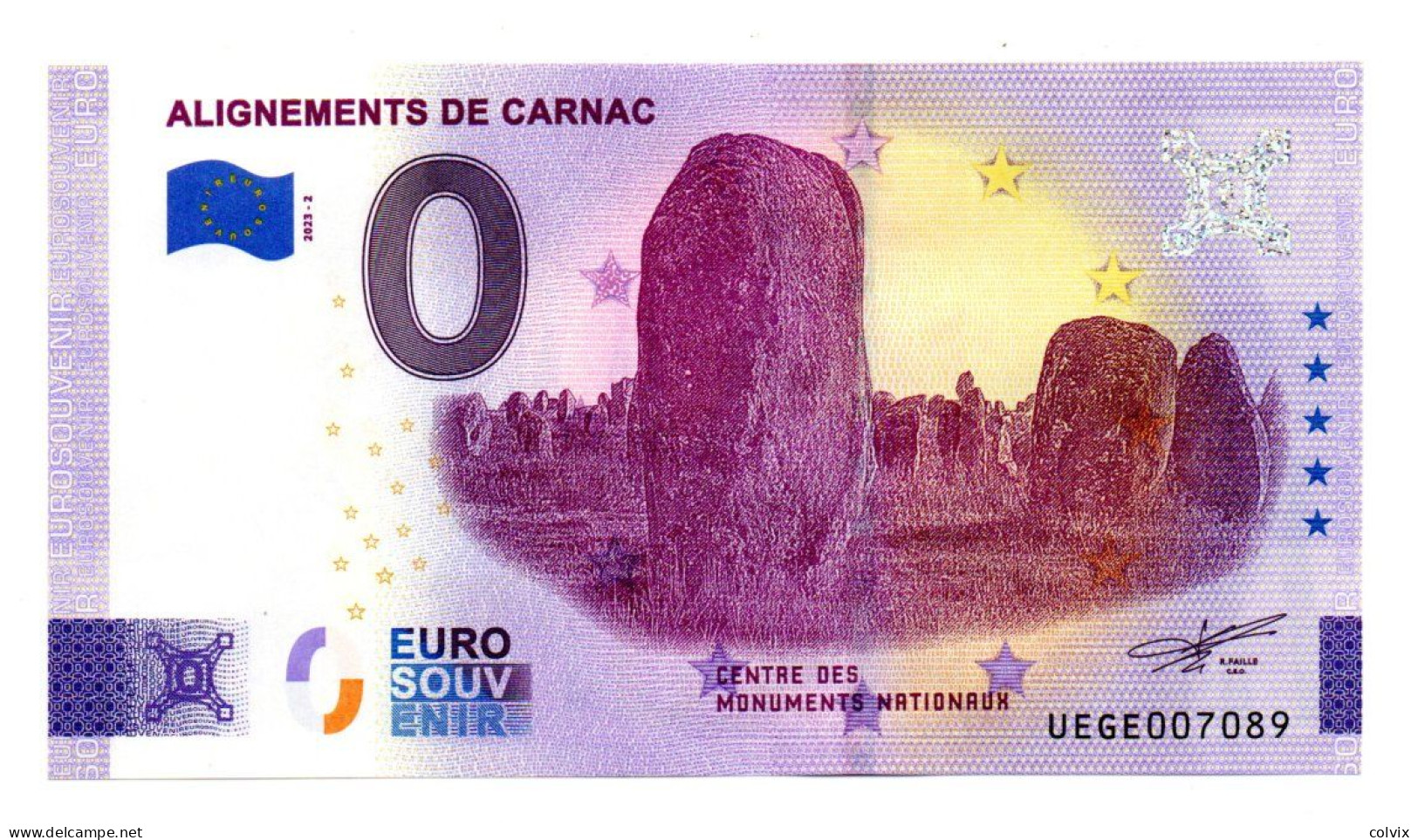 2023-2 FRANCE BILLET TOURISTIQUE 0 EURO SOUVENIR N° UEGE007089 ALIGNEMENTS DE CARNAC - Essais Privés / Non-officiels