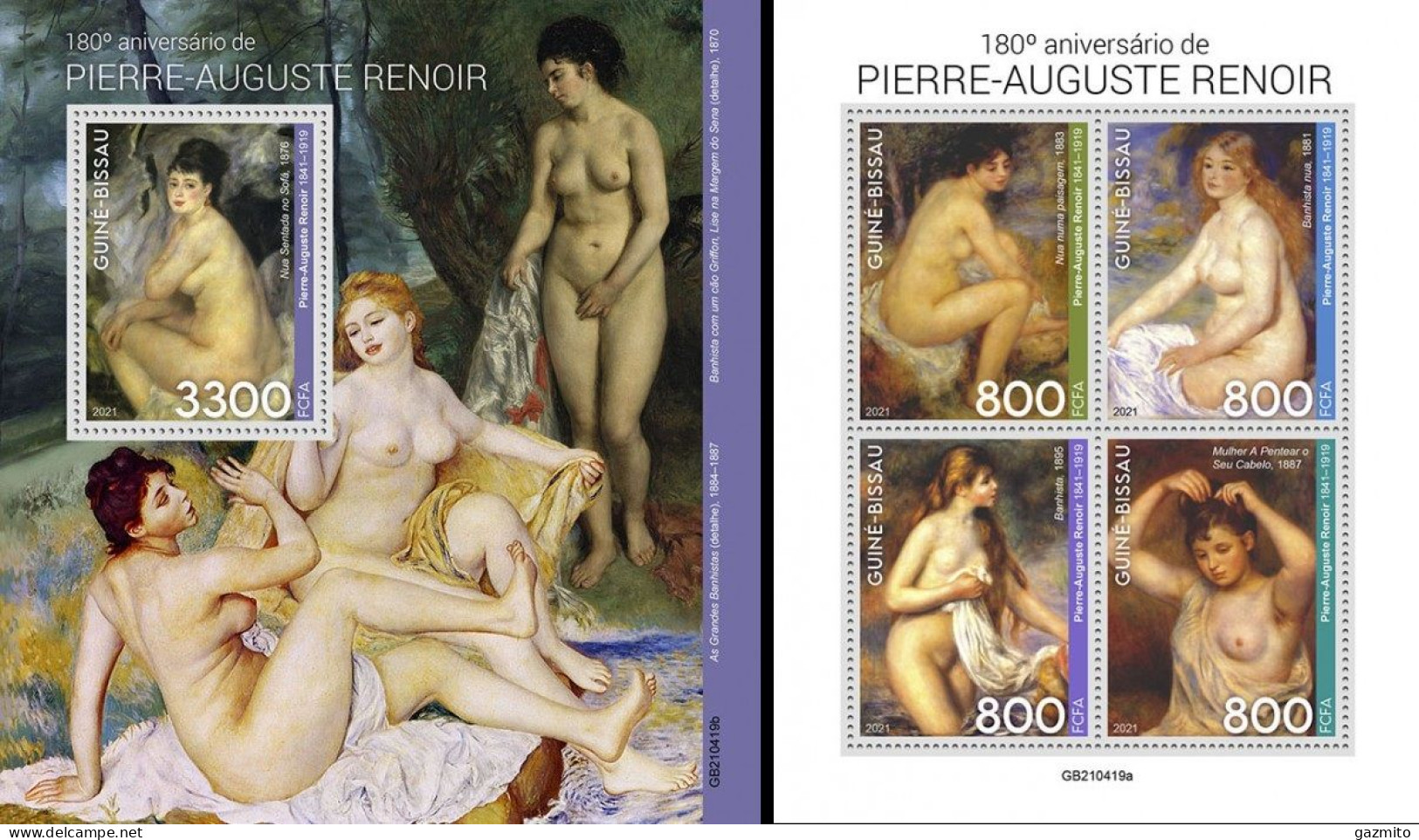 Guinea Bissau 2021, Art, Renoir, Nude, 4val In BF +BF - Impressionismo