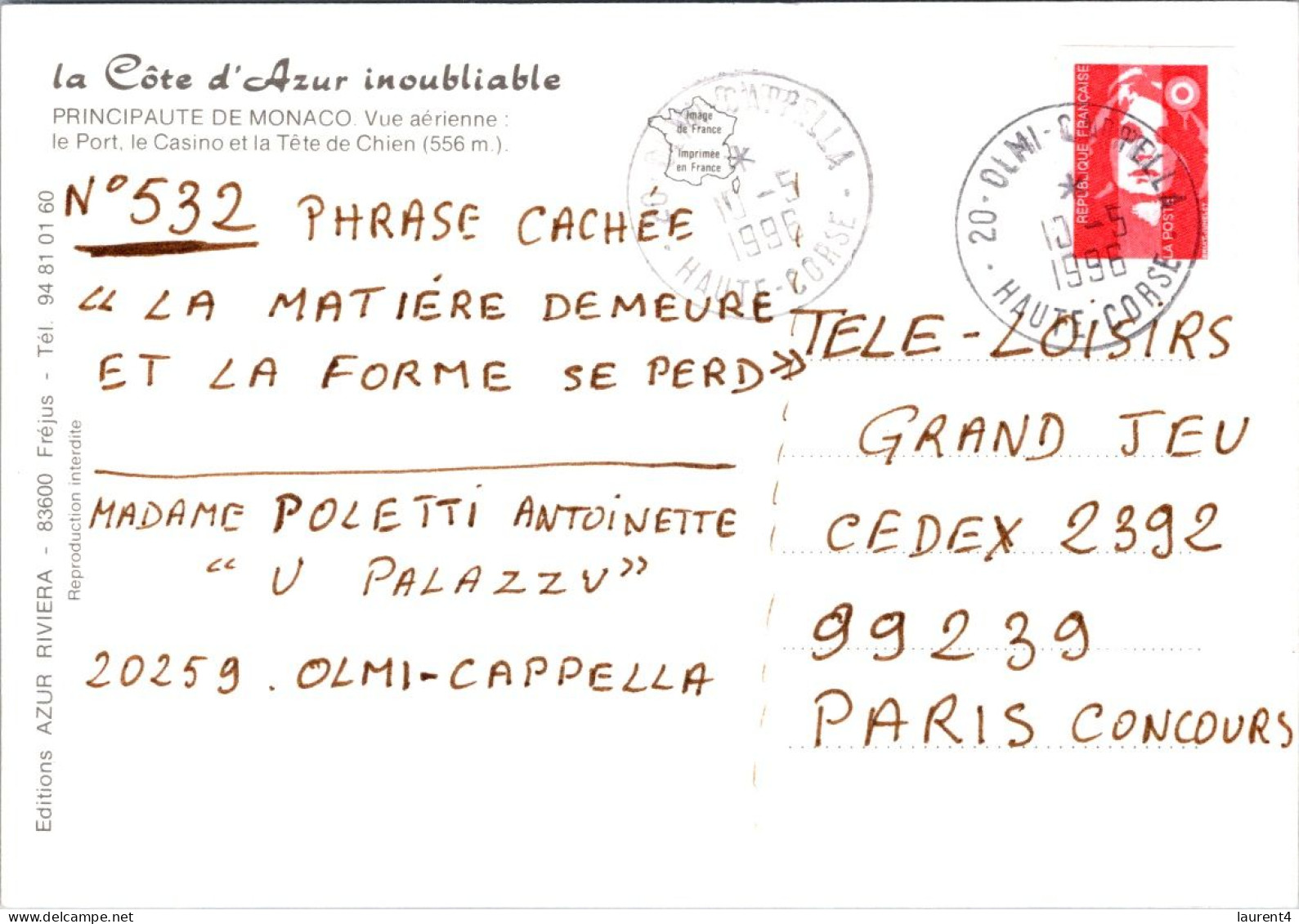 17-3-2024 (3 Y 16)  Monaco (posted To France - With French Stamp)  1996 - Puerto