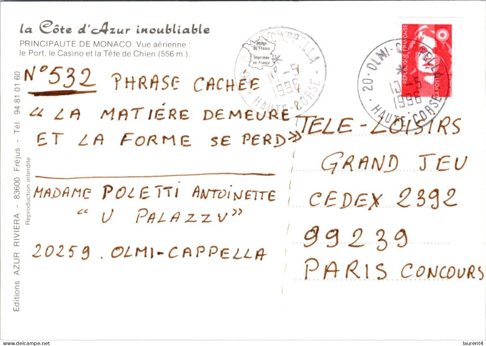 17-3-2024 (3 Y 16)  Monaco (posted To France - With French Stamp)  1996 - Porto