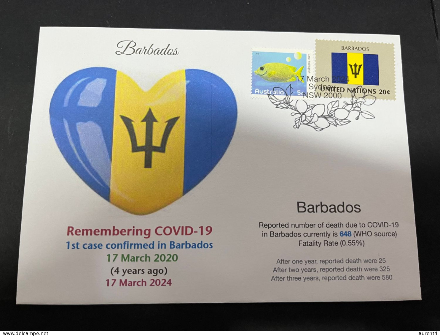 17-3-2024 (3 Y 19) COVID-19 4th Anniversary - Barbados - 17 March 2024 (with Barbedos UN Flag Stamp) - Disease