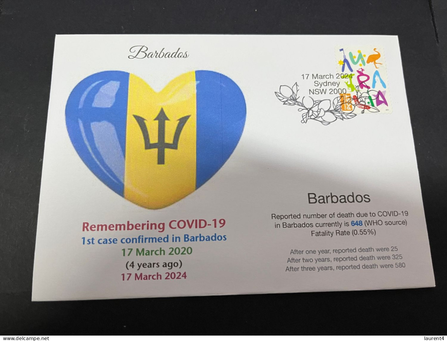 17-3-2024 (3 Y 19) COVID-19 4th Anniversary - Barbados - 17 March 2024 (with OZ Stamp) - Disease