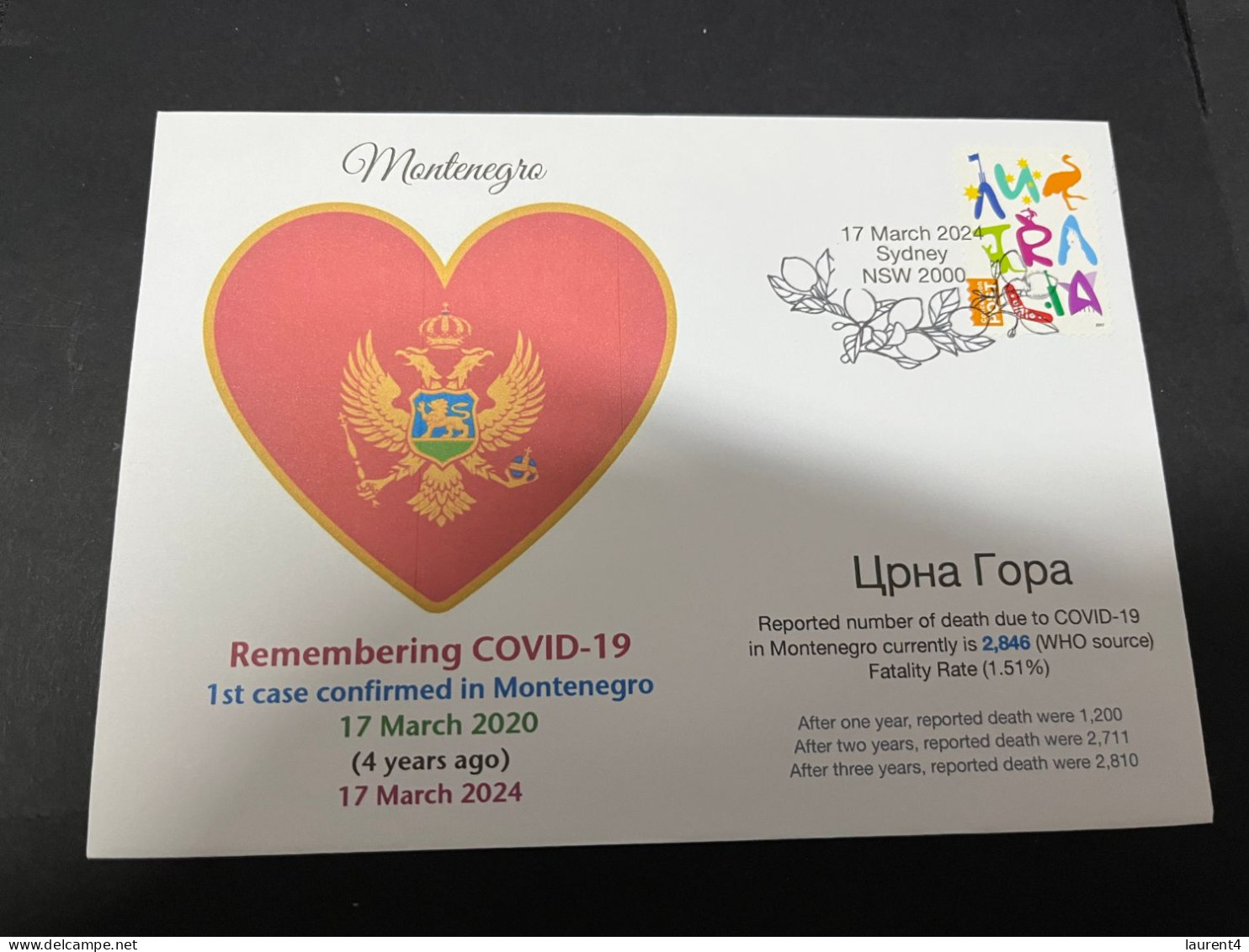 17-3-2024 (3 Y 19) COVID-19 4th Anniversary - Montenegro - 17 March 2024 (with OZ Stamp) - Malattie