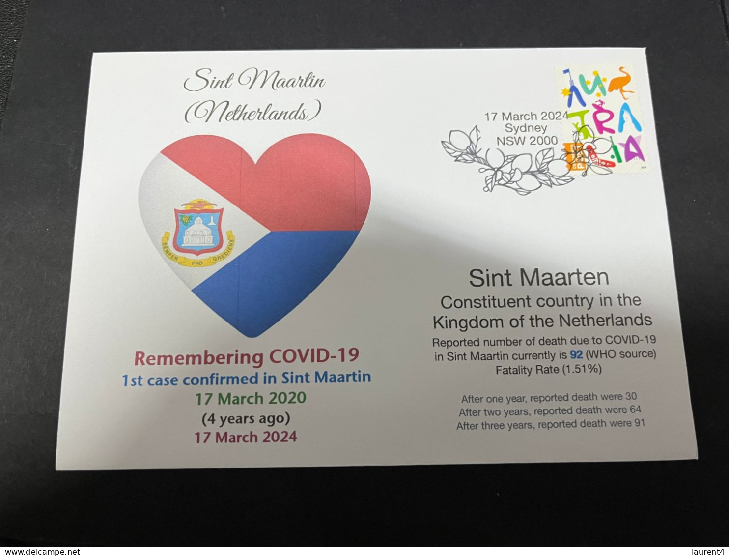 17-3-2024 (3 Y 19) COVID-19 4th Anniversary - Sin Maartin (Netherlands) - 17 March 2024 (with OZ Stamp) - Malattie