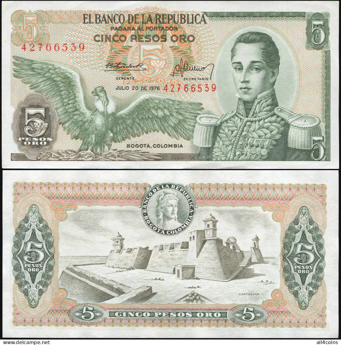 Colombia 5 Pesos Oro. 20.07.1976 Unc. Banknote Cat# P.406e - Colombie