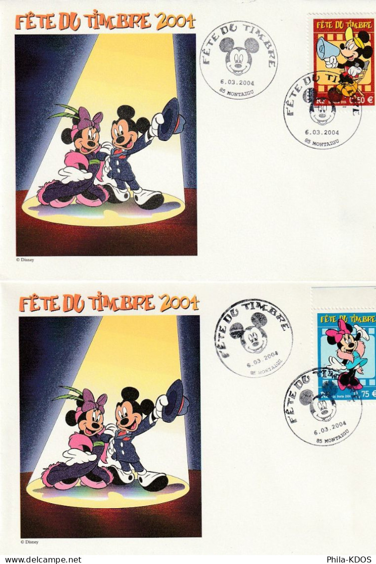 " MICKEY / WINNIE " Sur 2 Enveloppes 1er Jour De France De 2004. N° YT 3641 3643 A Saisir !!! - Disney