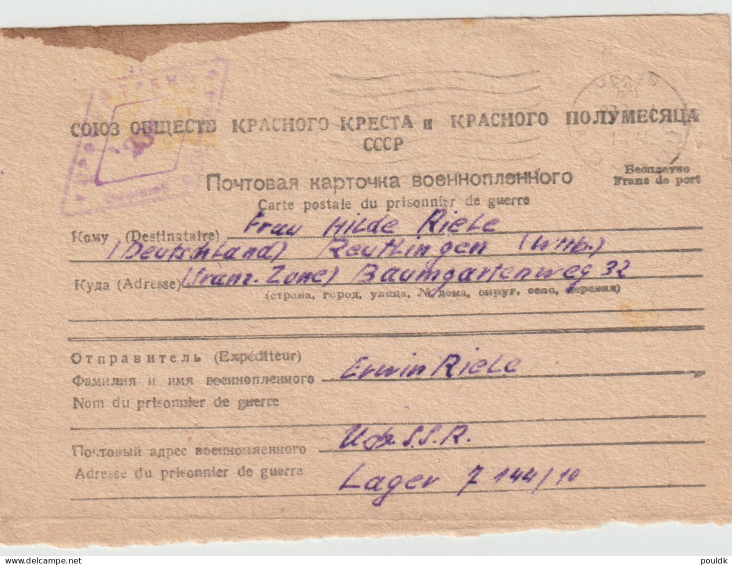 German Prisoner Of War Card From Soviet, Now Ukraine, Lager 7144/10 Located Luhansk/Woroschilowgrad Signed - Militaria