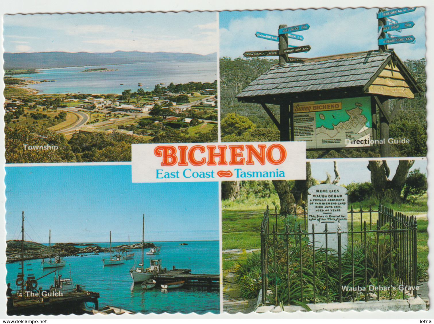 Australia TASMANIA TAS Aboriginal Grave Town Views BICHENO Douglas DS355 Multiview Postcard C1970s - Otros & Sin Clasificación