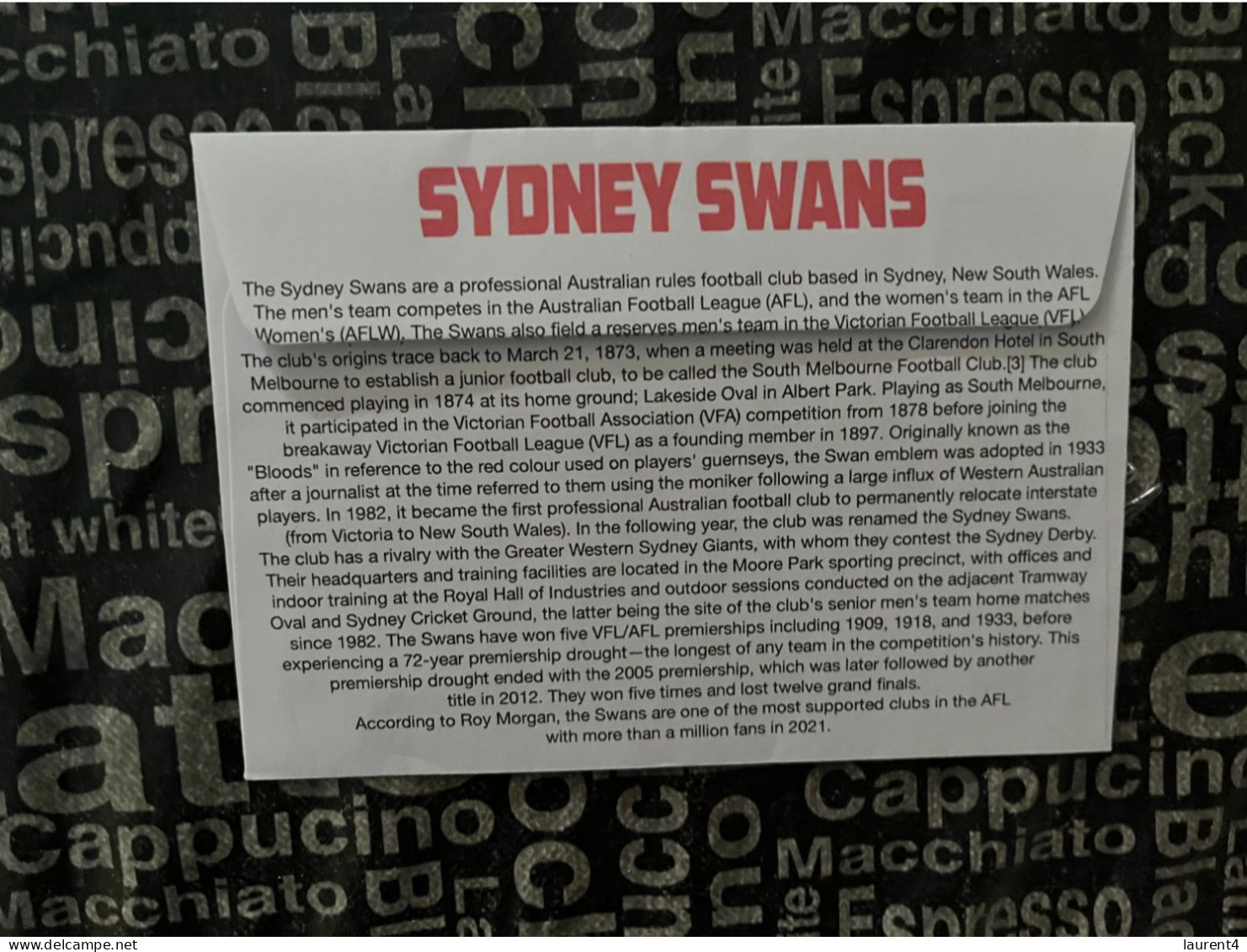 (folder 17-3-2024) Australia Post - Football Sydney Swan - Presentation Pack (no Stamps) + $ 1.00 COIN Cover - Presentation Packs