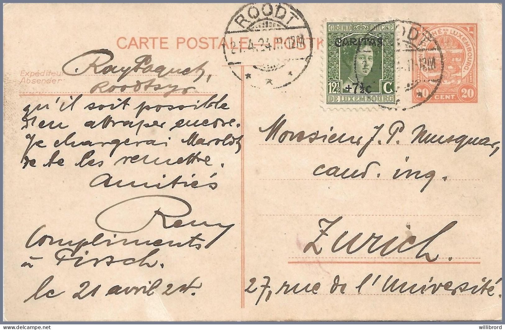 LUXEMBOURG - 1924 12½c+7½c Marie-Adélaïde CARITAS Uprates 20c Arms Postal Card To SWITZERLAND - 1914-24 Marie-Adélaida