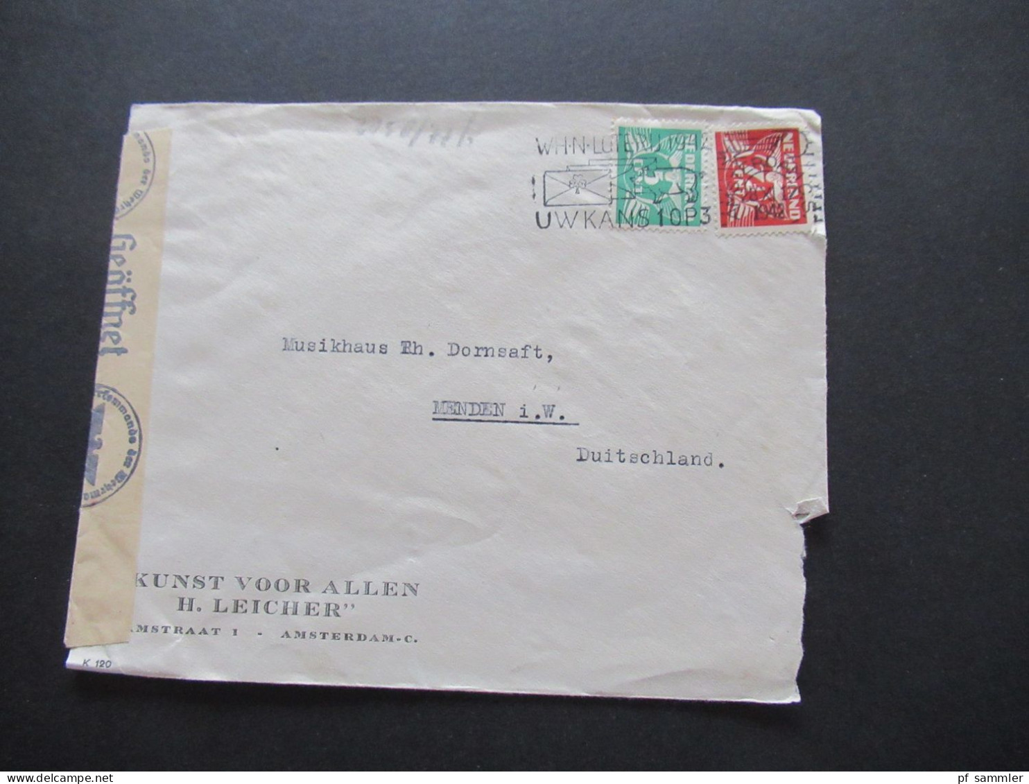 Niederlande 1942 Zensursbeleg Umschlag Kunst Voor Allen H. Leicher Amsterdam - Menden / OKW Zensurstreifen Geöffnet - Storia Postale