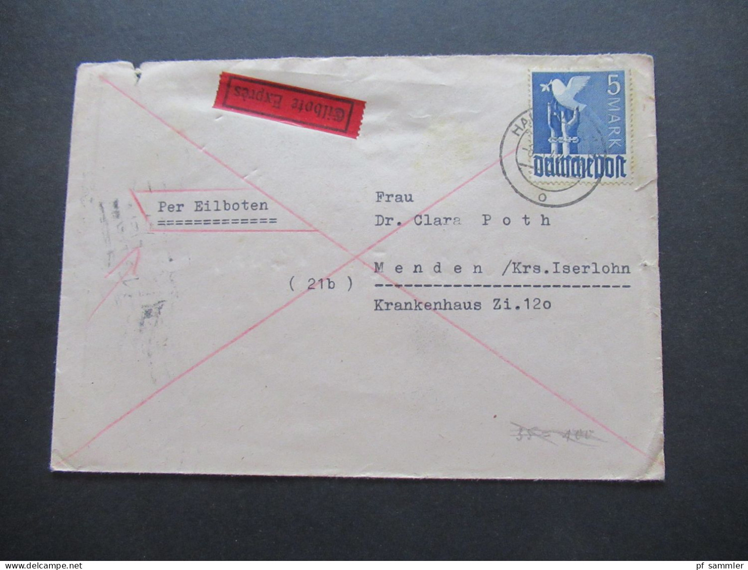 6.6.1948 Kontrollrat 5 Mark Friedenstaube Nr.962 EF Fernbrief Per Eilbote Expres Hamburg - Menden - Brieven En Documenten