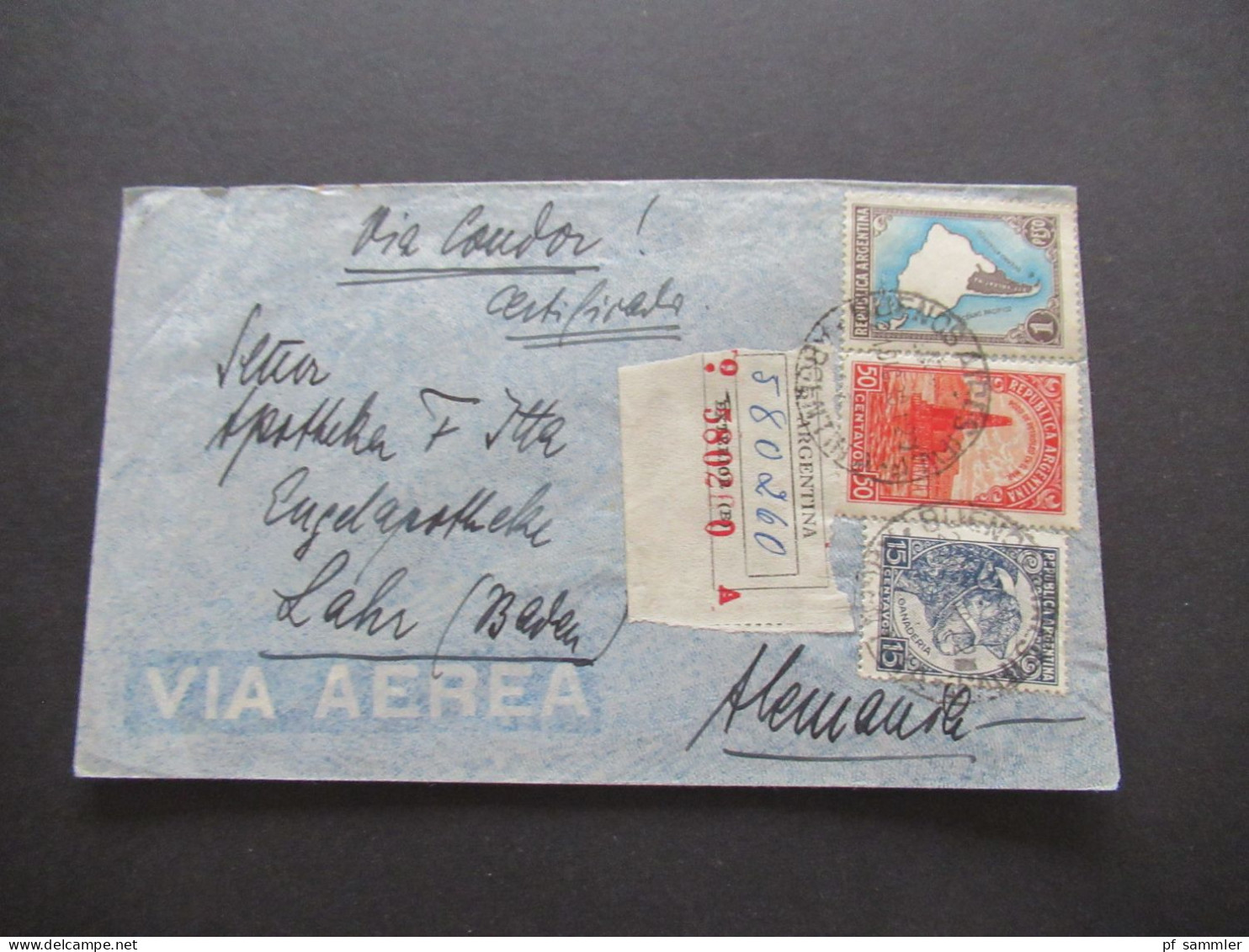 Argentinien 1938 Luftpost / Air Mail Via Condor / Buenos Aires - Lahr Schwarzwald / Certificado Registered Letter - Lettres & Documents