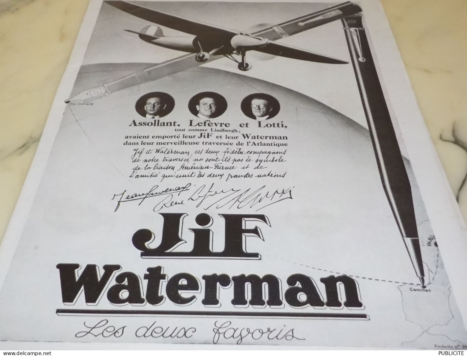 ANCIENNE PUBLICITE AVIATEUR ASSOLANT - LEFEVRE-LOTTI PRESENTE  JIF WATERMAN 1929 - Sonstige & Ohne Zuordnung