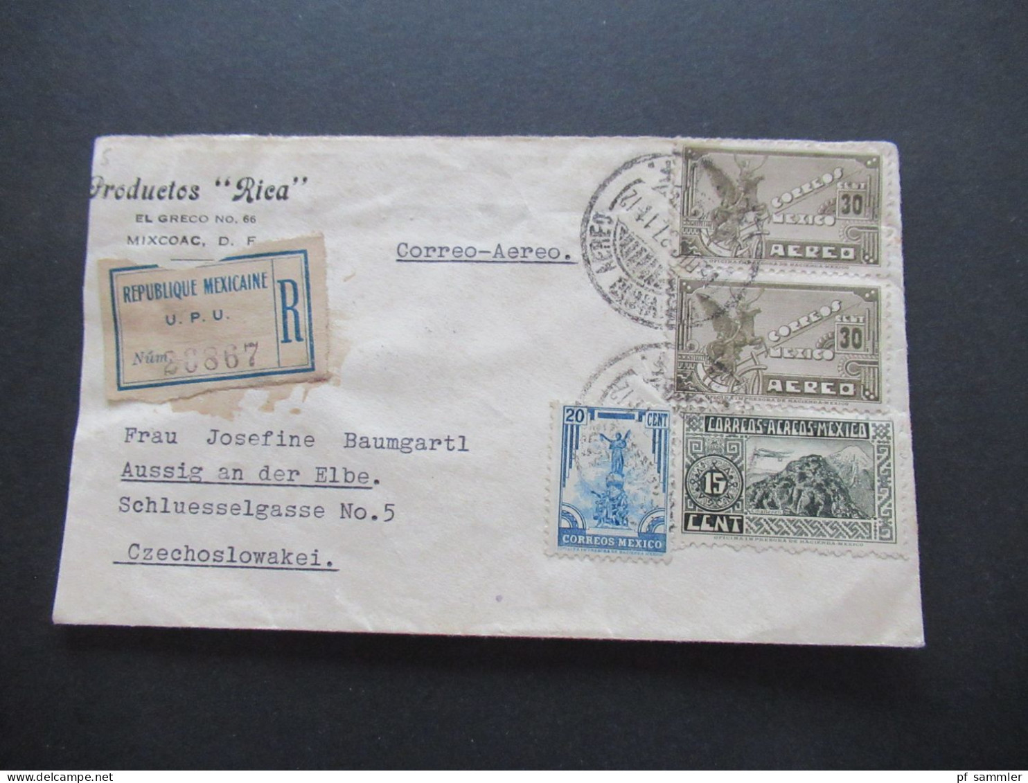 Mexico 1937 Luftpost Einschreiben UPU / Verschlussmarken Correspondencias Registradas - Sudetenland Aussig 2 - Mexico