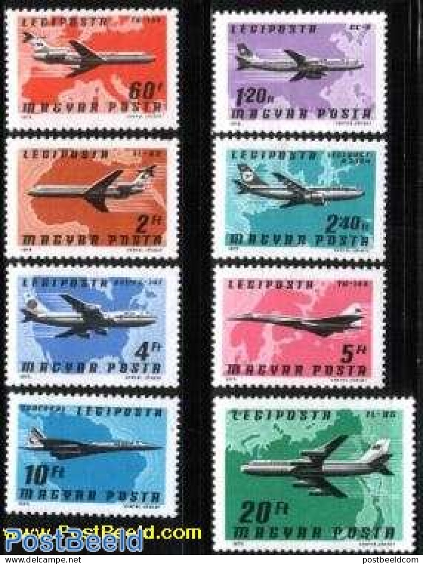 Hungary 1977 Aeroplanes, Maps 8v, Mint NH, Transport - Various - Aircraft & Aviation - Maps - Ungebraucht