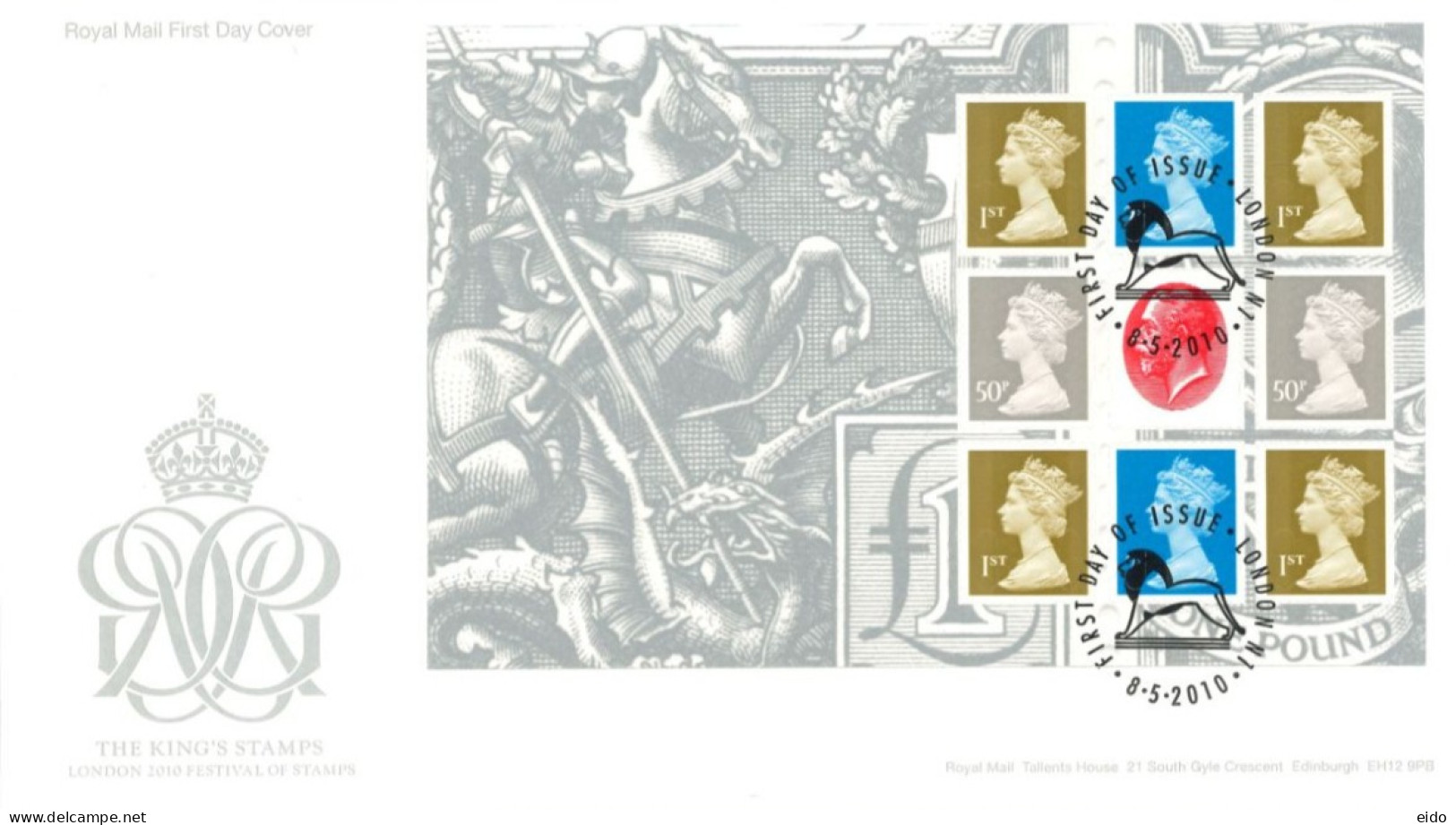 GREAT BRITAIN - 2010, FDC OF MINIATURE SHEET OF THE KING'S STAMPS, LONDON 2010 FESTIVAL OF STAMPS. - Storia Postale