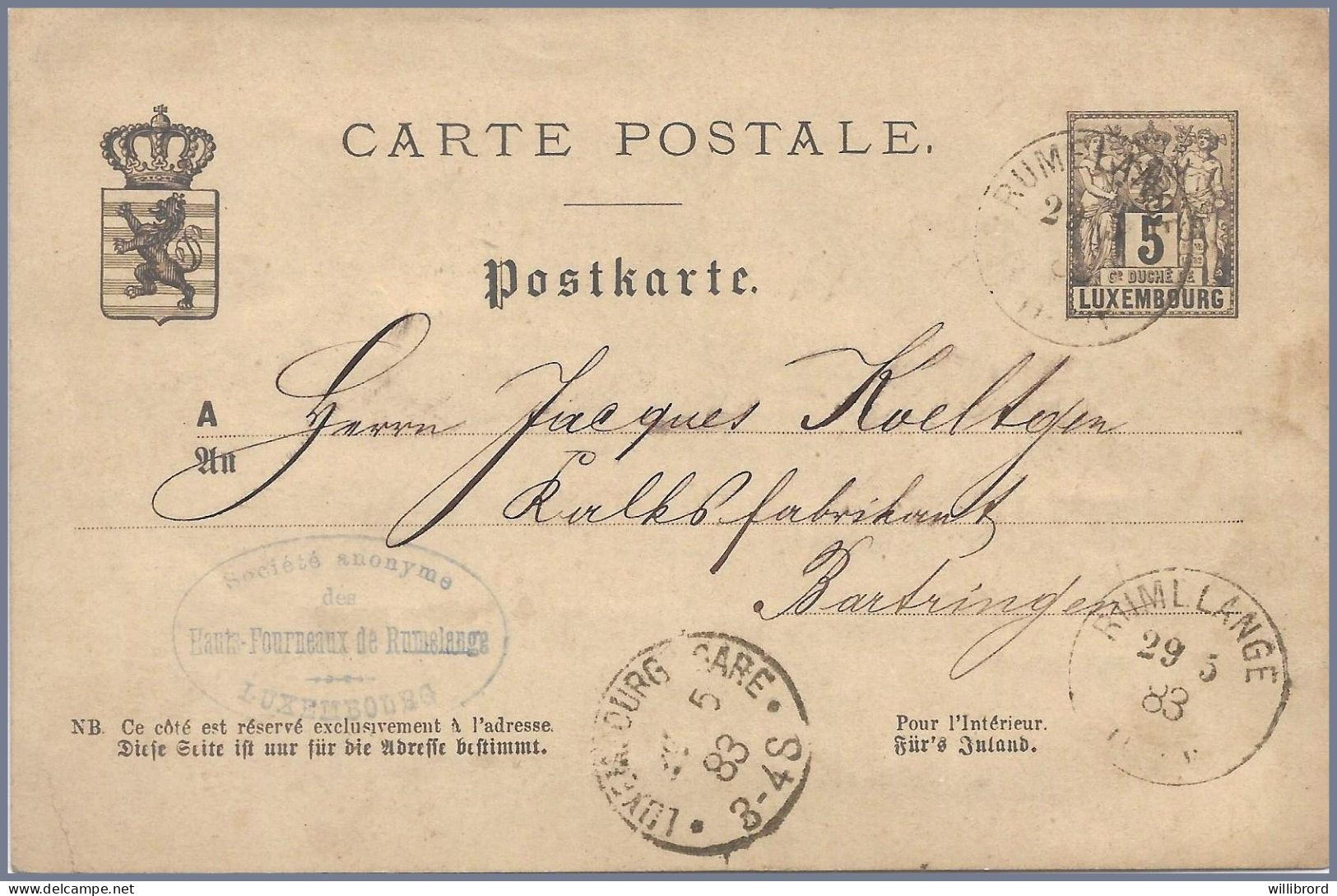 LUXEMBOURG - 1893 Société Anonyme HAUTS FOURNEAUX DE RUMELANGE - 5c Gray Allegory Postal Card To Bartringen - 1882 Allégorie