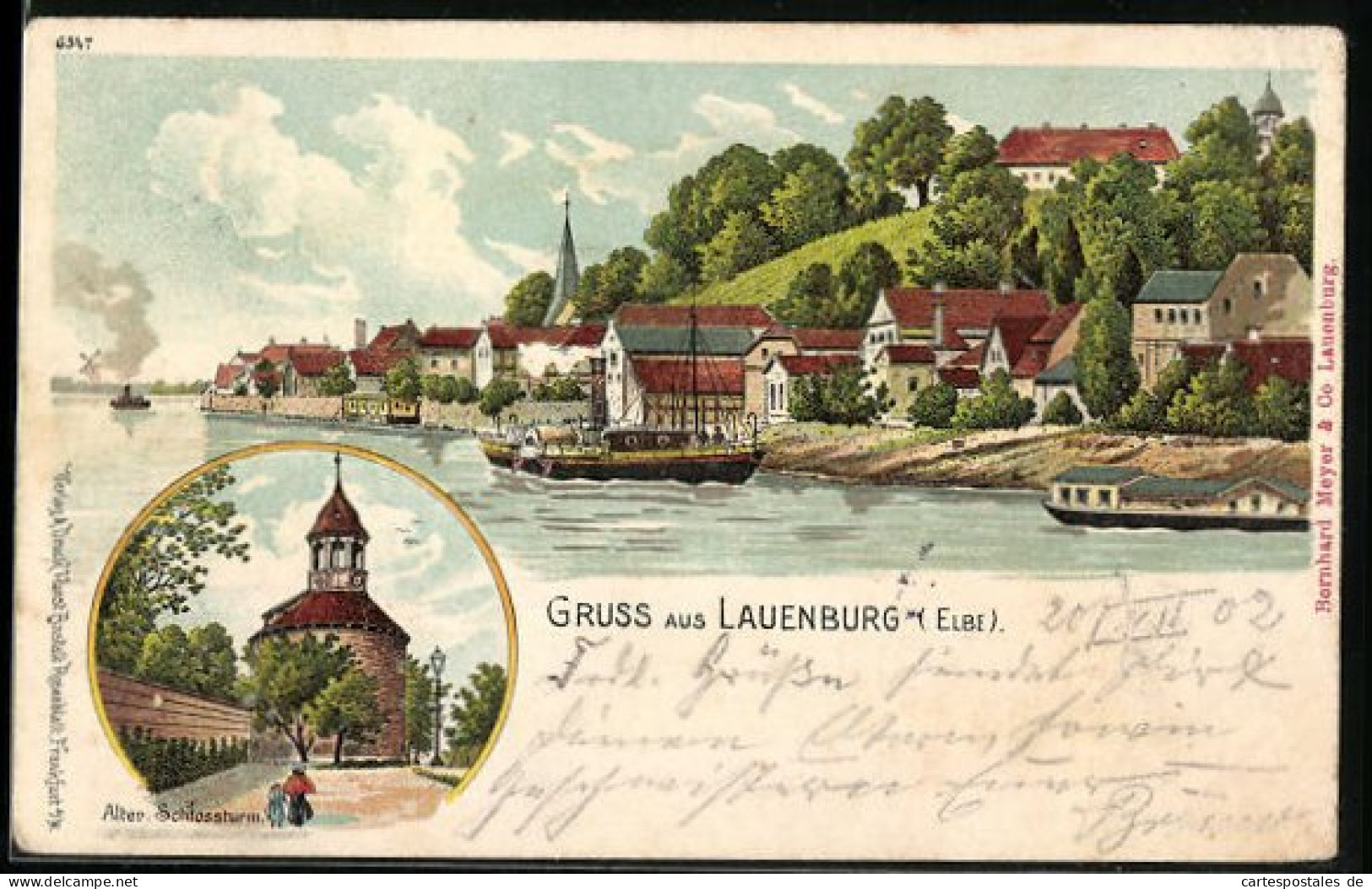 Lithographie Lauenburg A. D. Elbe, Alter Schlossturm, Uferpartie Mit Salondampfer  - Lauenburg