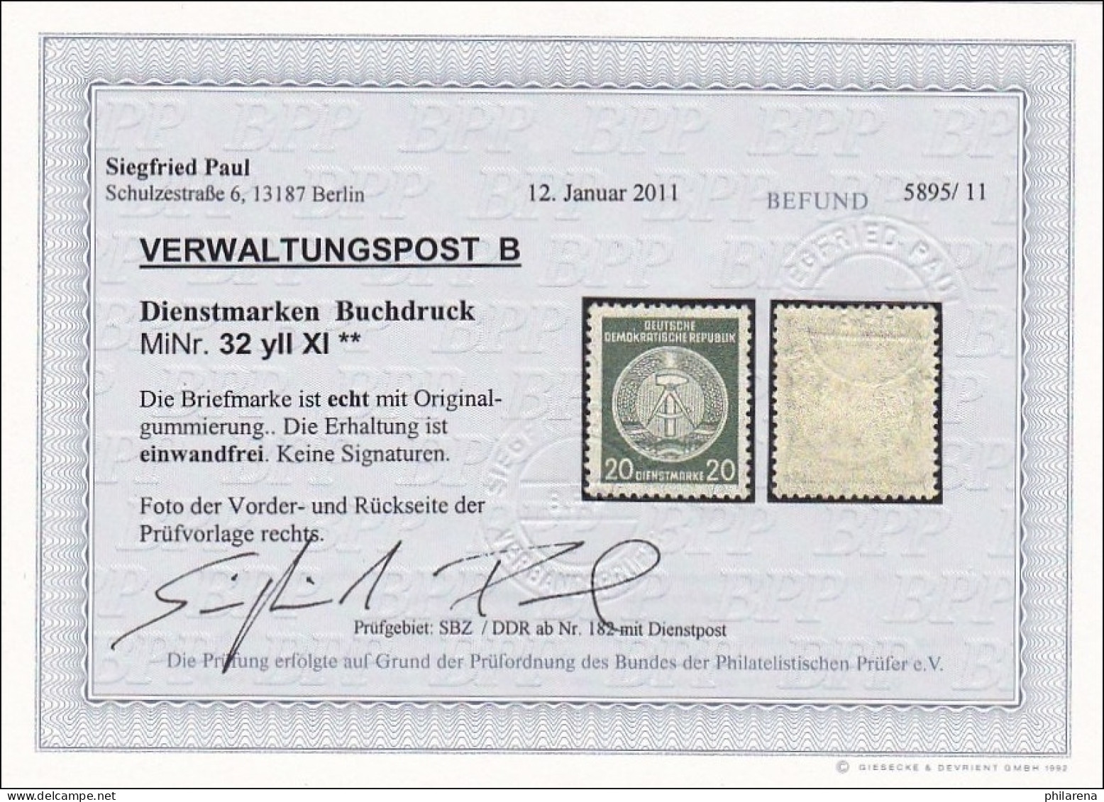 DDR Dienst MiNr. B32 Y II XI, ** Postfrisch, Befund Paul BPP - Mint