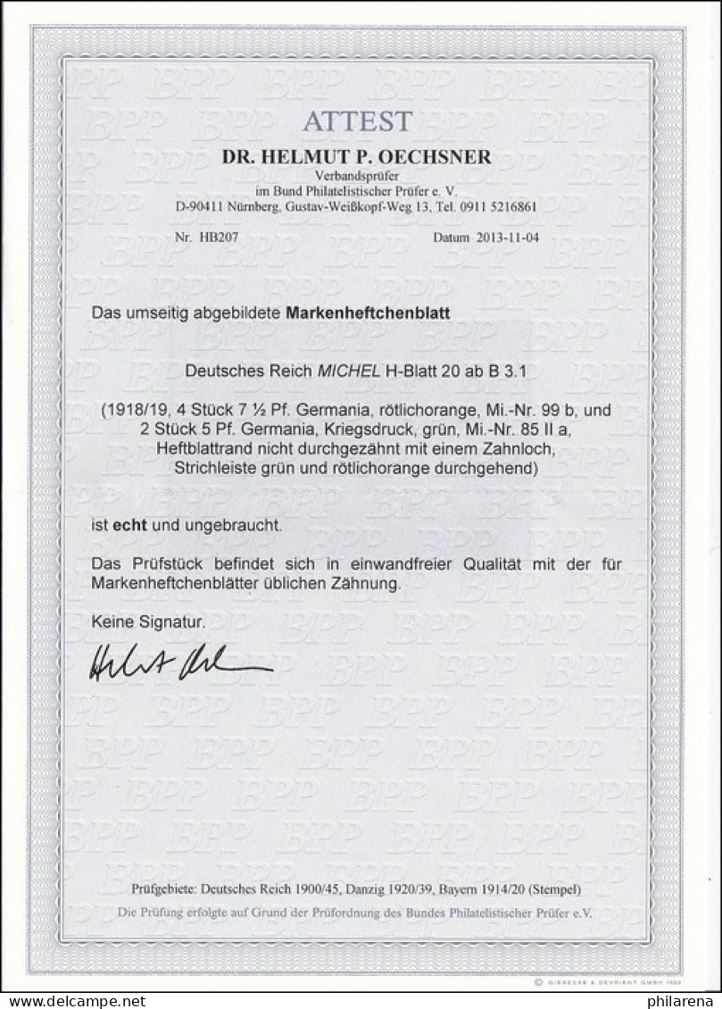 DR MiNr. MH Bl.20 Ab B 3.1, *, Ungebraucht, BPP Attest Oechsner - Markenheftchen