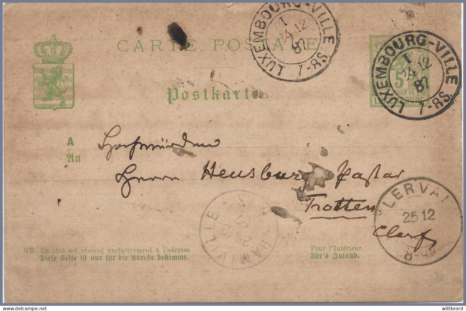 LUXEMBOURG - 1887 HAMIVILLE Single-circle Receiver (RR!) - On Christmas Day! - 1882 Allégorie