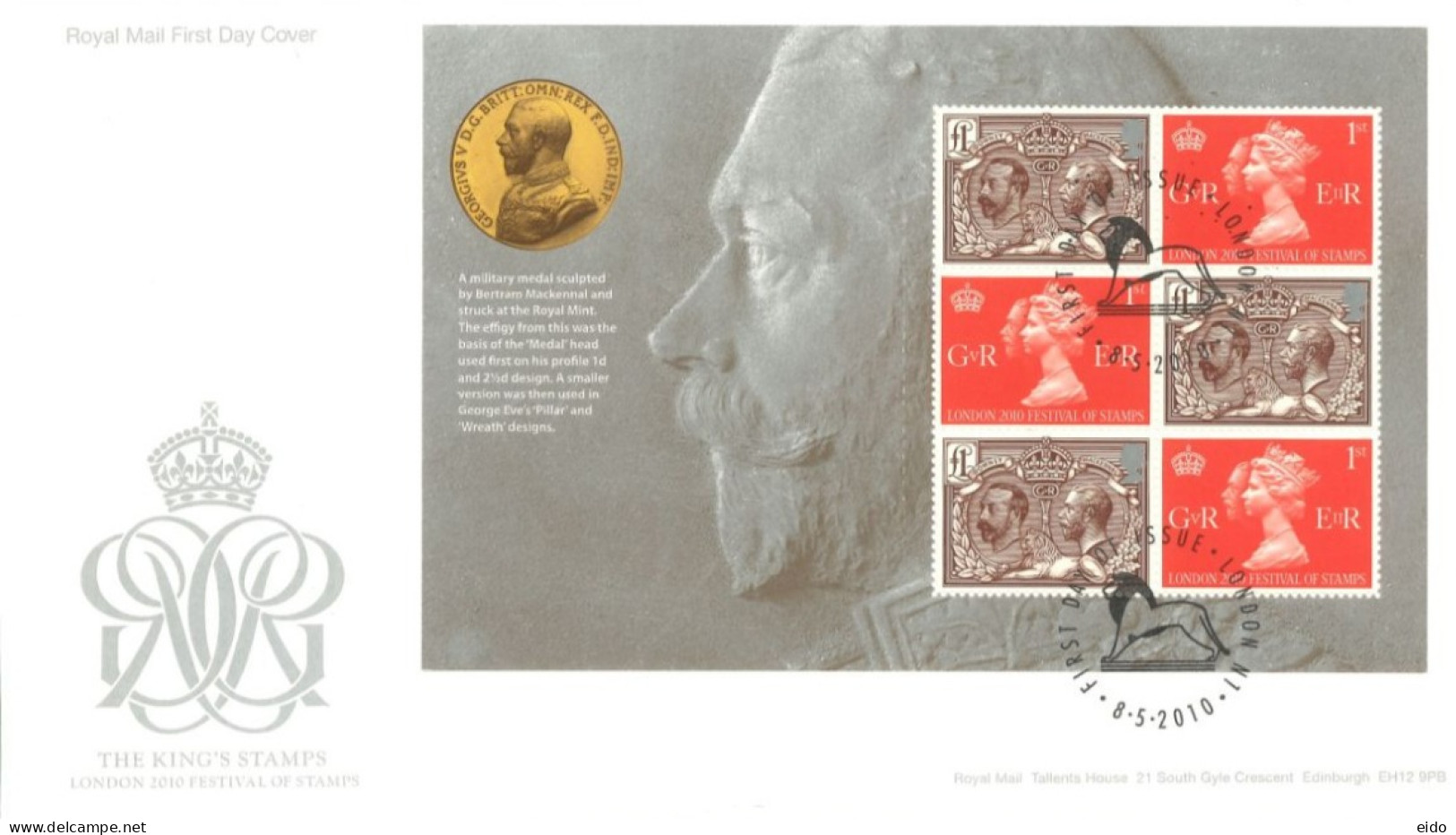 GREAT BRITAIN - 2010, FDC MINIATURE SHEET OF THE KING'S STAMPS. LONDON 2010 FESTIVAL F STAMPS. - Lettres & Documents