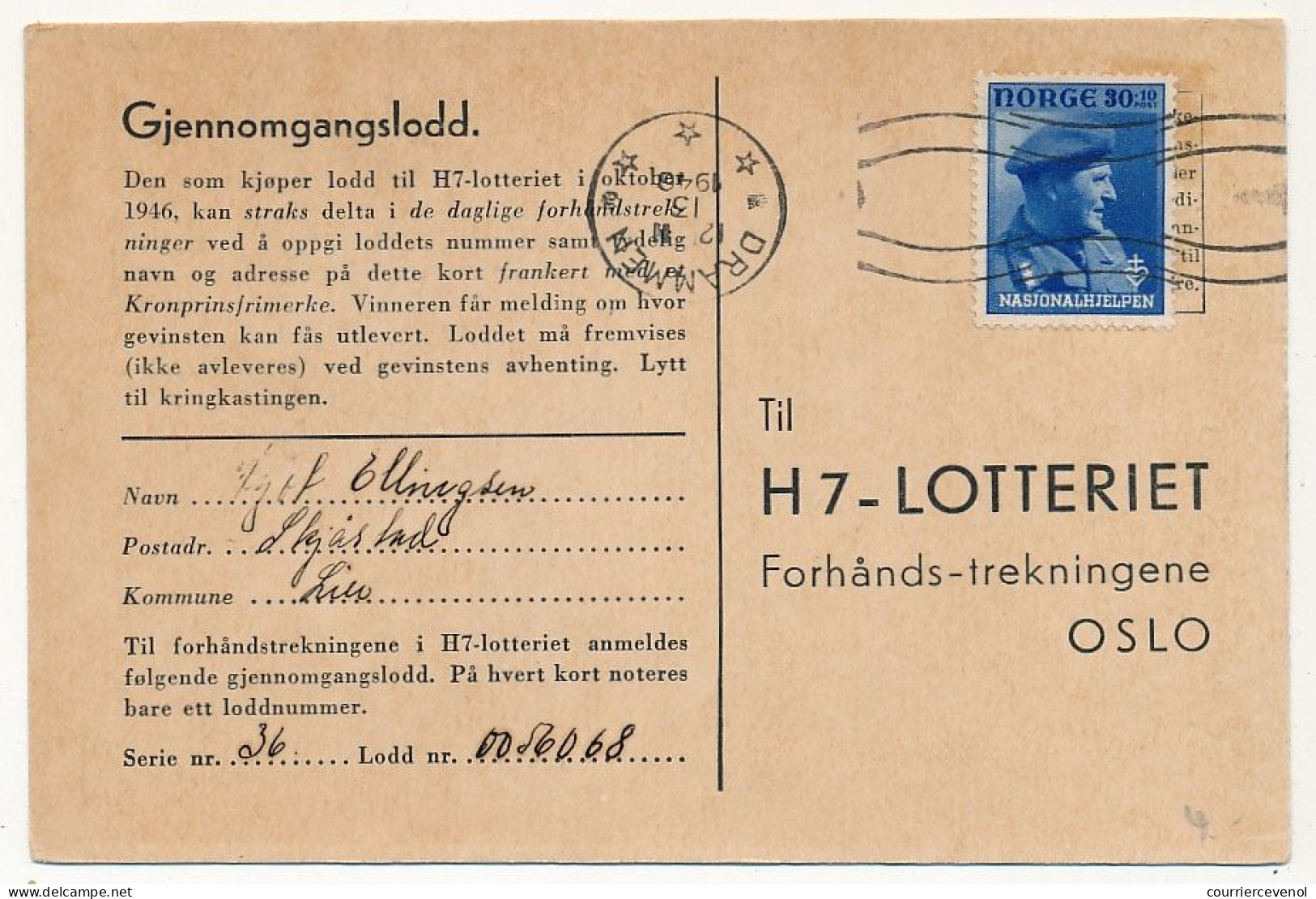 NORVEGE - Carte Loterie Affr 30 + 10 Nasjonalhjelpen - OMEC Drammen 1946 - Storia Postale